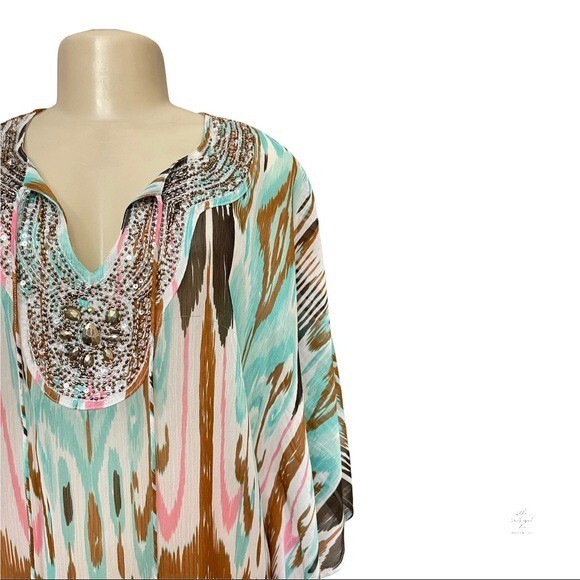 Beach Inc Boho Beaded Sheer Top Swim Cover Up Resort Wear Tan Turquoise Vacay S