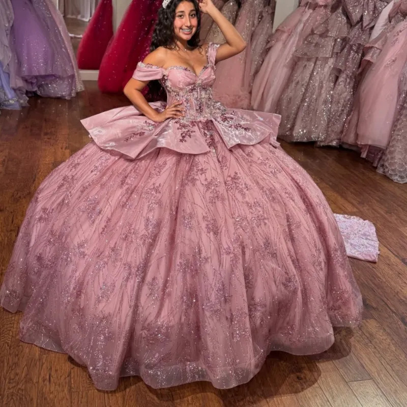Pink Shiny Sequin Applique Lace Beading Quinceanera Dress Bow Sweet 16 Ball Gown