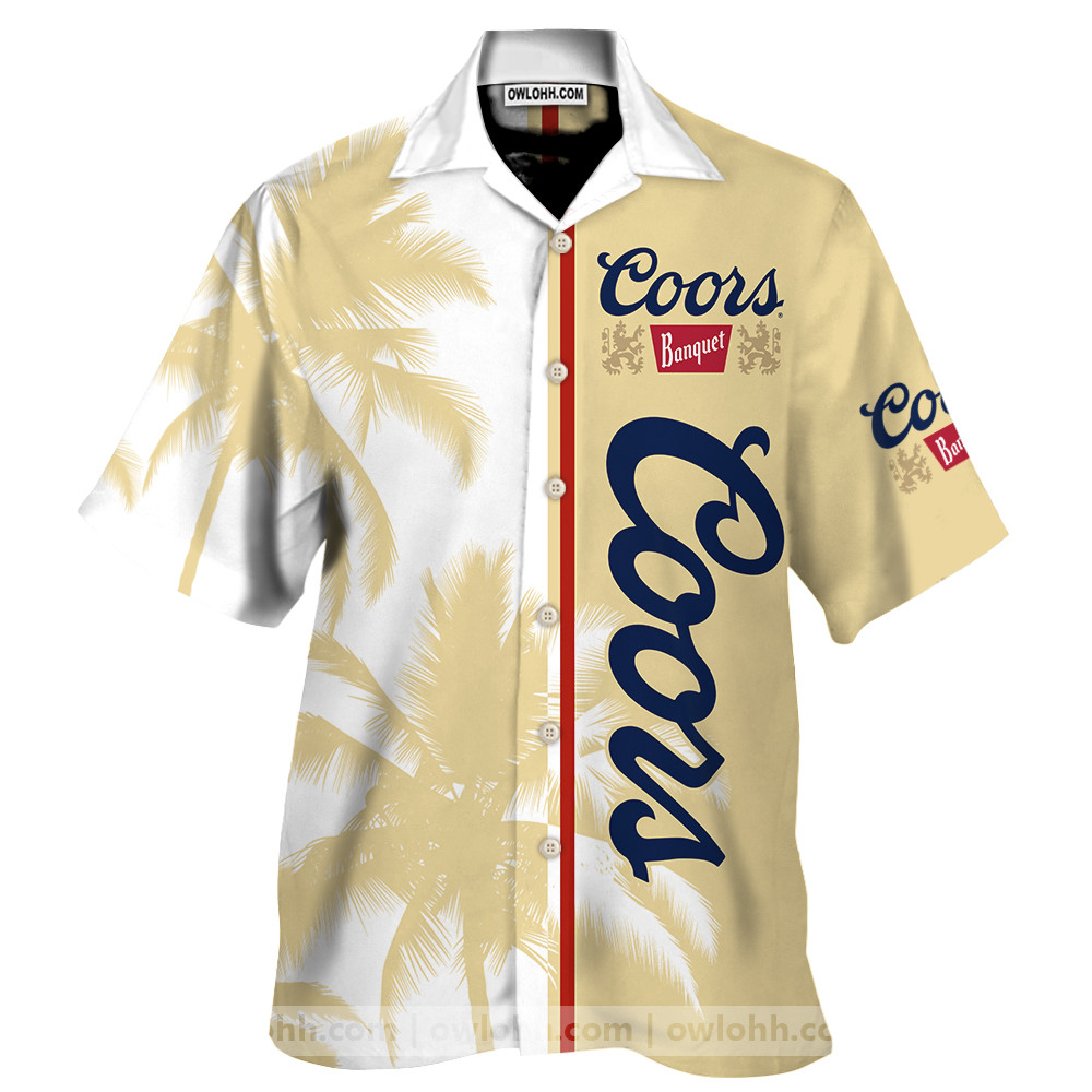 Coors Banquet Palm Tree Aloha Summer Beach Button Down Hawaiian Shirt