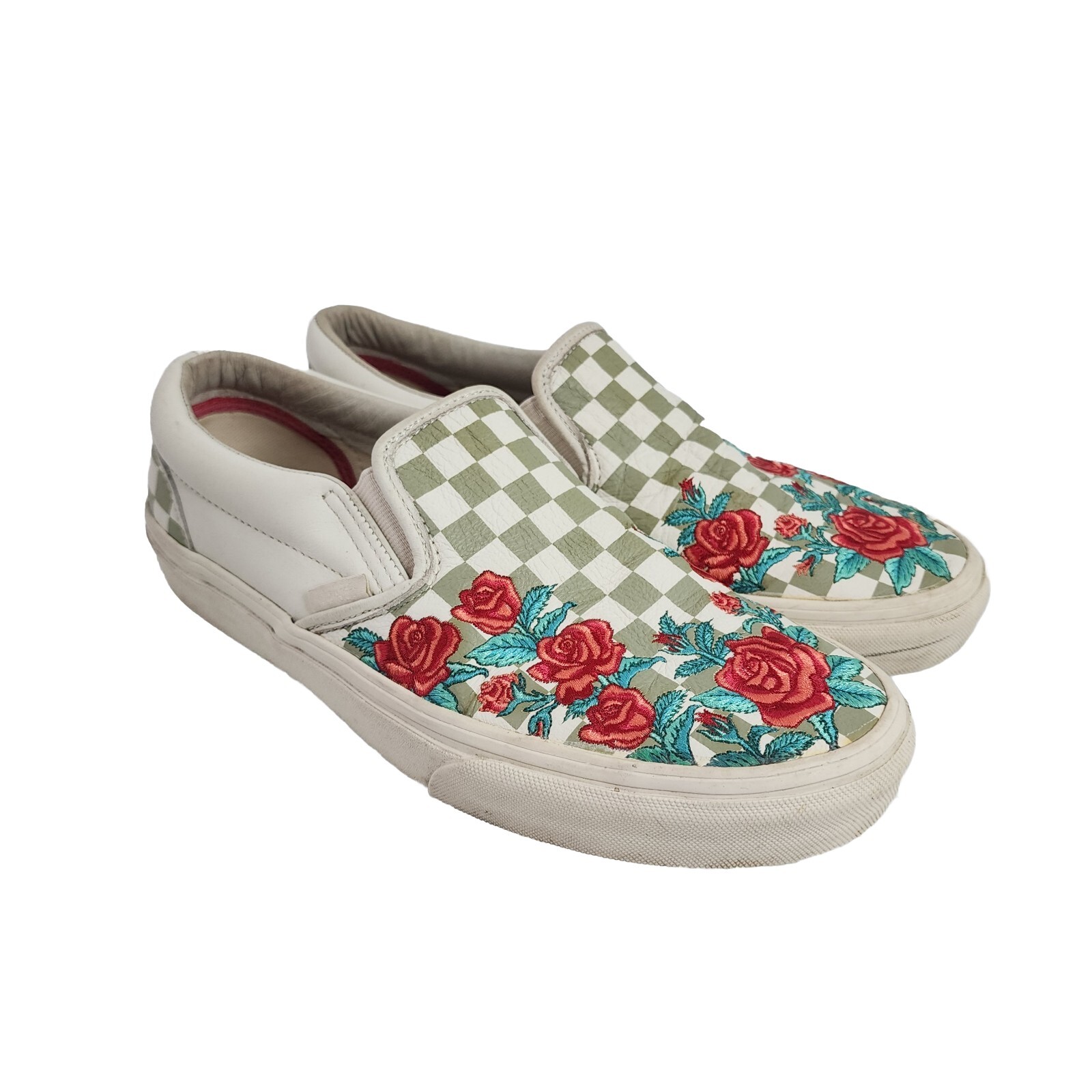 VANS Checkerboard Rose Embroidered Leather Slip On Men 8/Women 9.5 Grey Floral