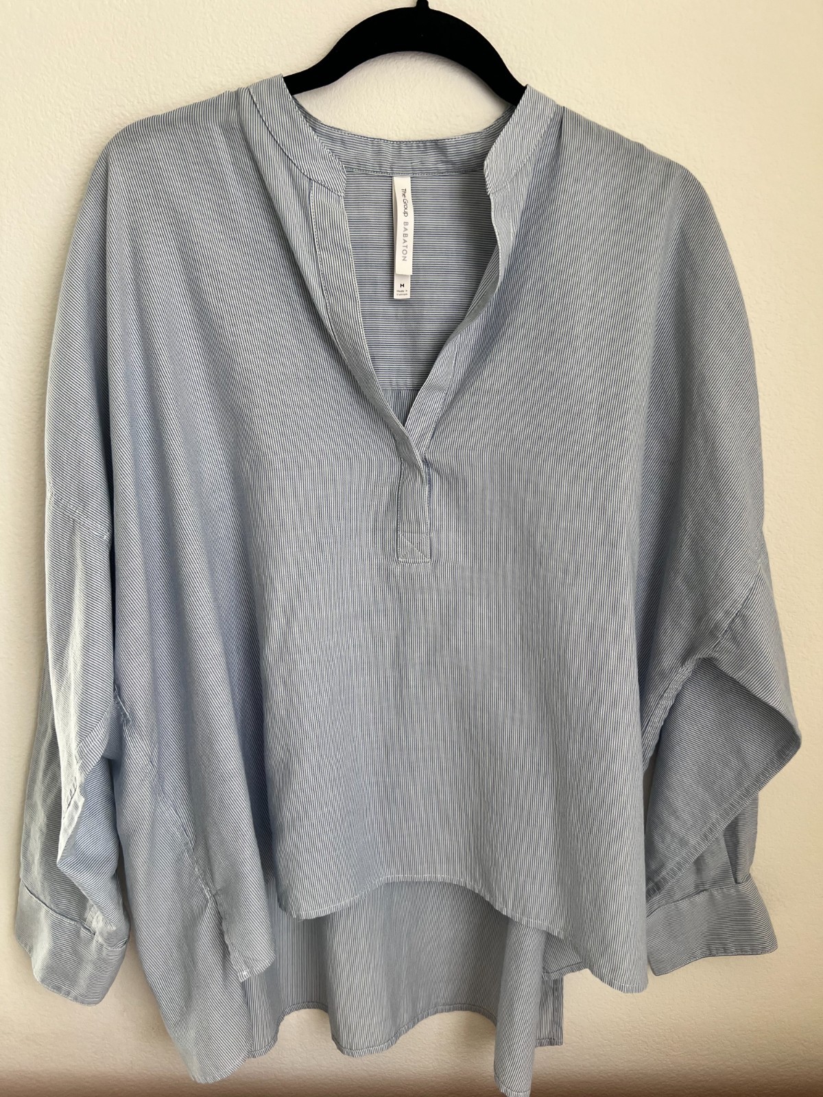 Aritzia Babaton oversized relaxed blouse split neck band collar light blue SzMed