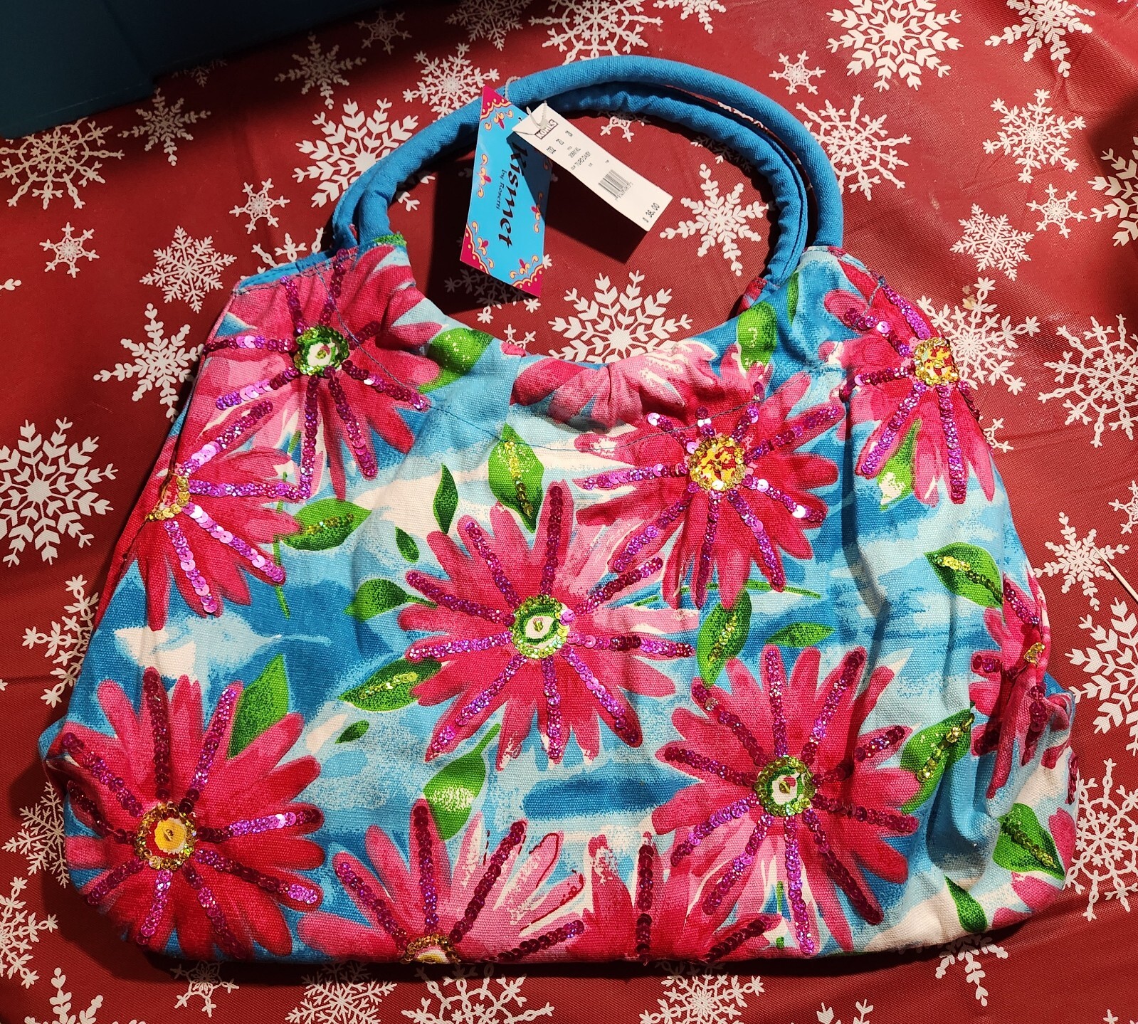 Kismet Summer Boho Large Tote Bag Purse Beach Bag Blue/Pink Sequins NEW