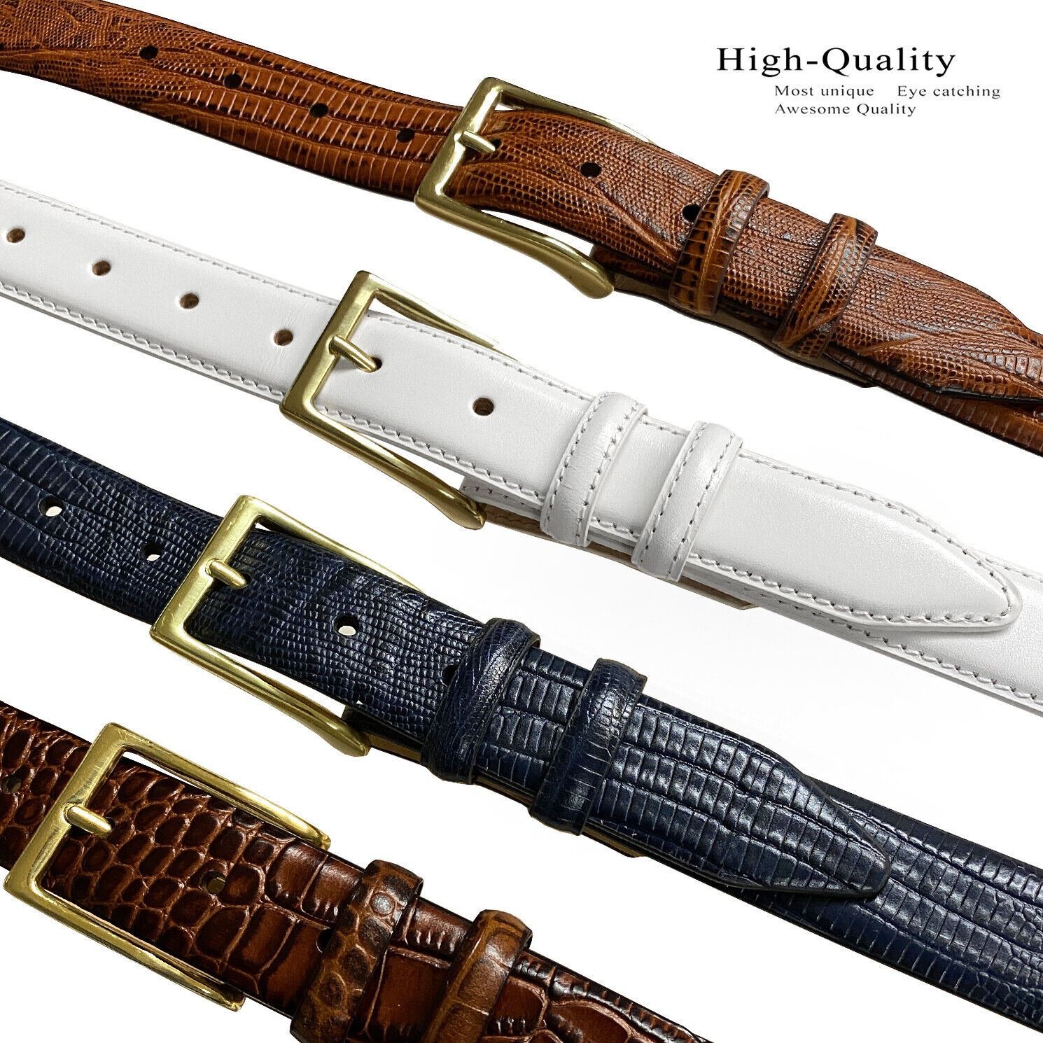 Adam Gold Buckle Italian Calfskin Genuine Full Leather Dress Belt 1-1/8″ Wide