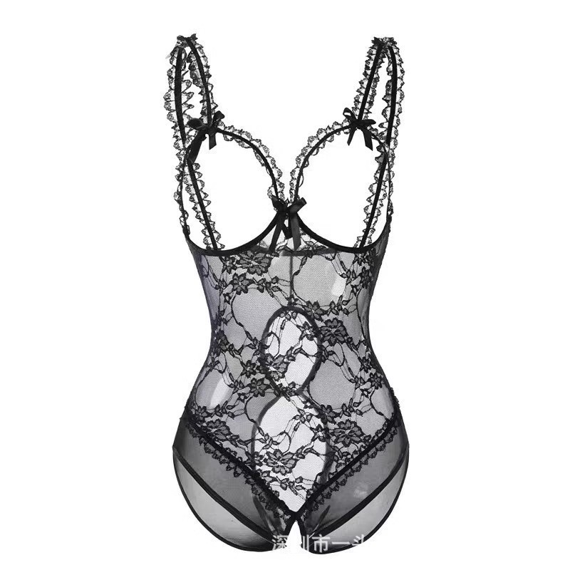 Plus Size Sexy Lingerie Underwire Open Bust Crotchless Bodysuit Sheer Nightwear