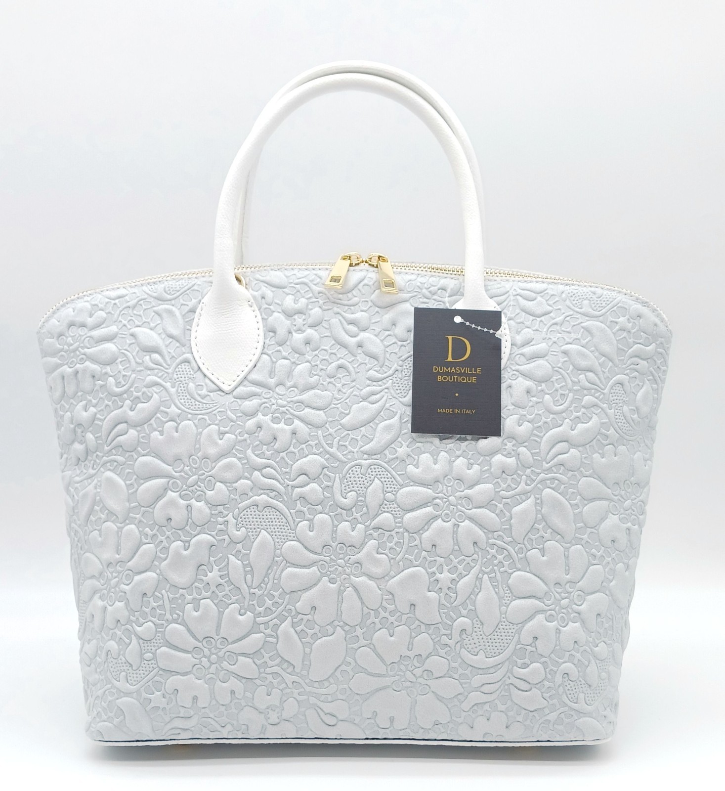 Light Gray Italian Genuine Leather Floral Embossed Handbag Satchel Made In Italy