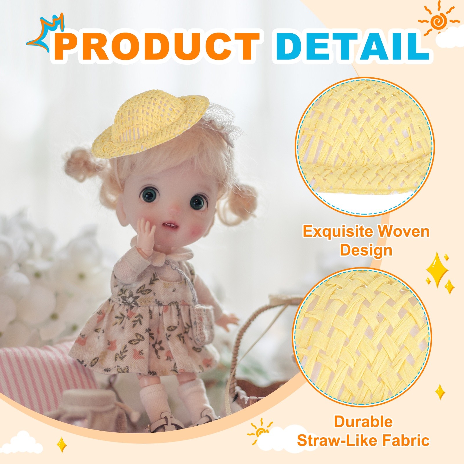 20 Pcs Mini Straw Hats Craft Doll Hats, 5cm x 1.3cm (Bright Yellow)