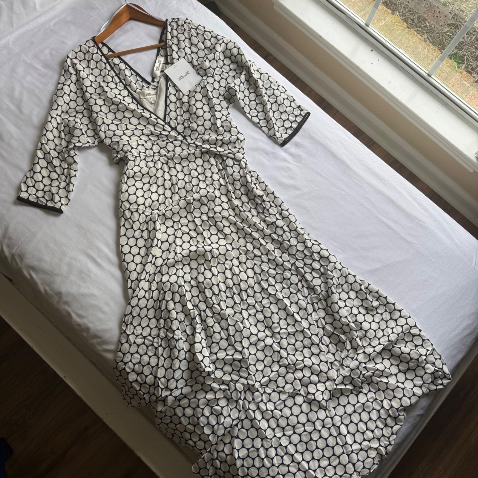 Diane von Furstenberg DVF Silk Boltin Dot Asymmetric Hem Midi Dress Small NWT