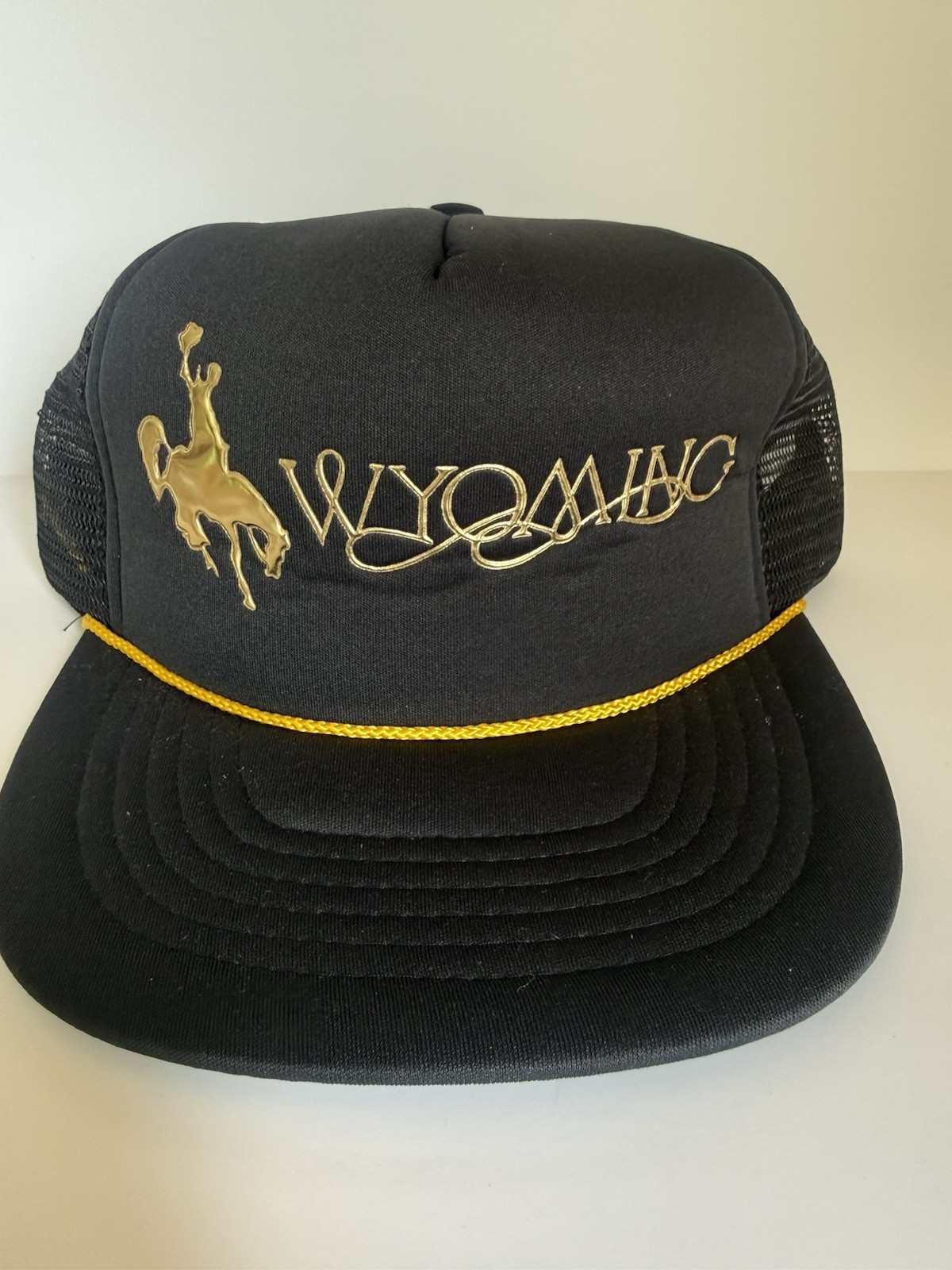 Wyoming Cowboy Hat Horse Rodeo Script Logo Foam Mesh Snap Back Trucker Cap