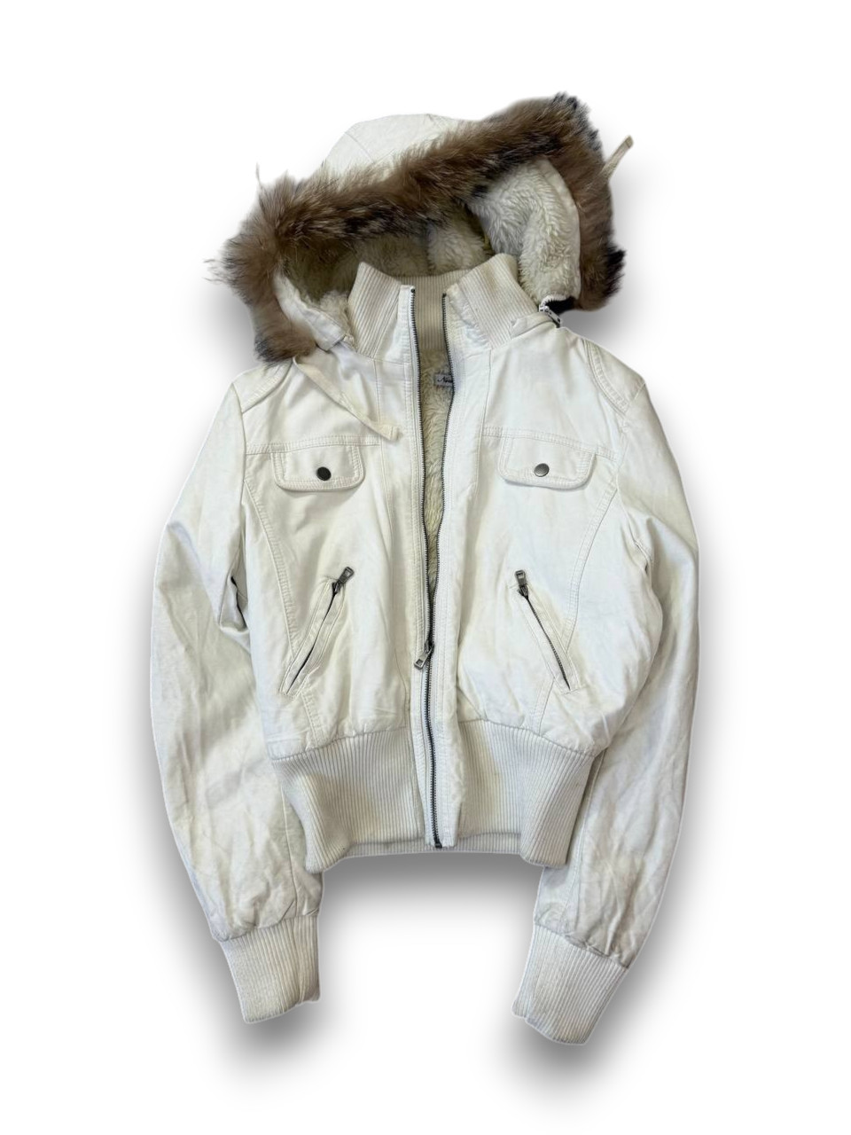 Vintage 90s White Avant-Garde Faux Fur Fell Cropped Leather Y2K Streetwear Jacke