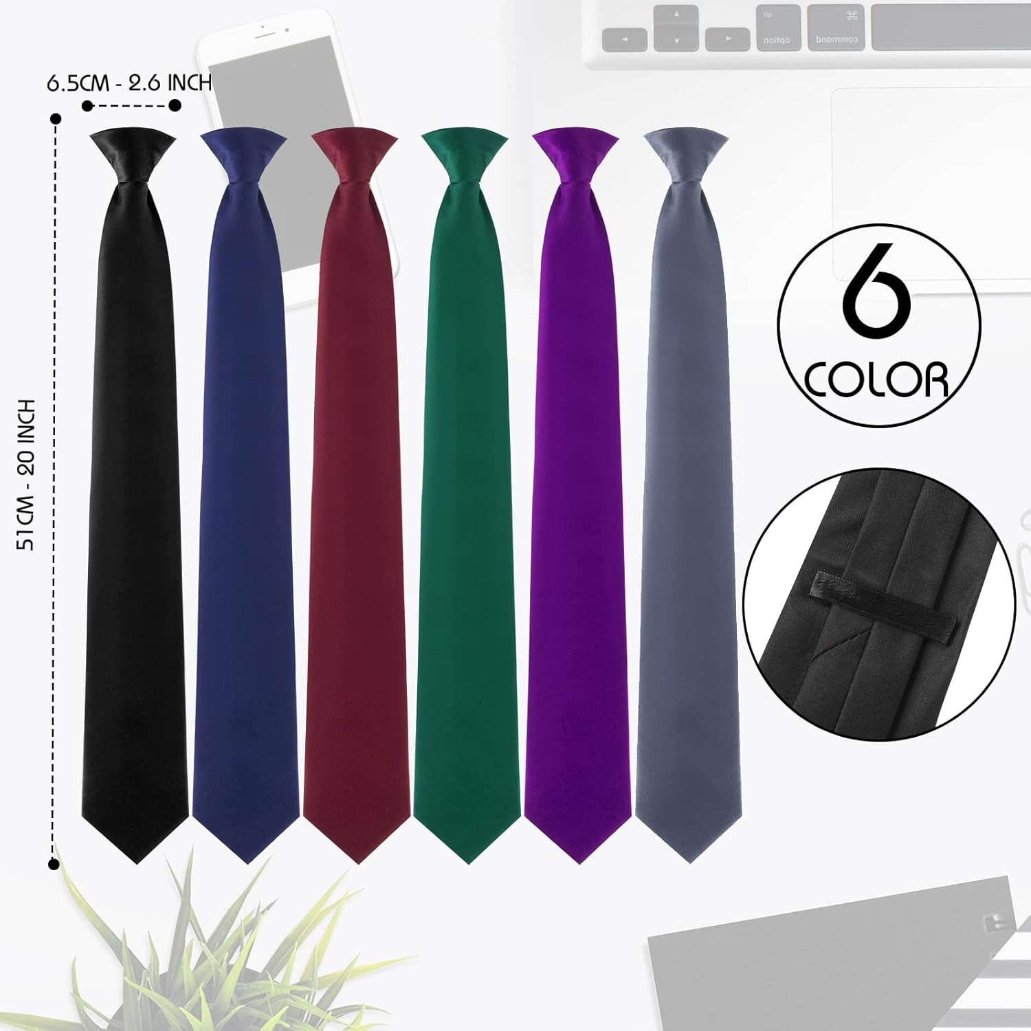 6 Pcs Clip on Ties for Men Solid Color Men’s Tie Pretied Necktie 20 Inches for W