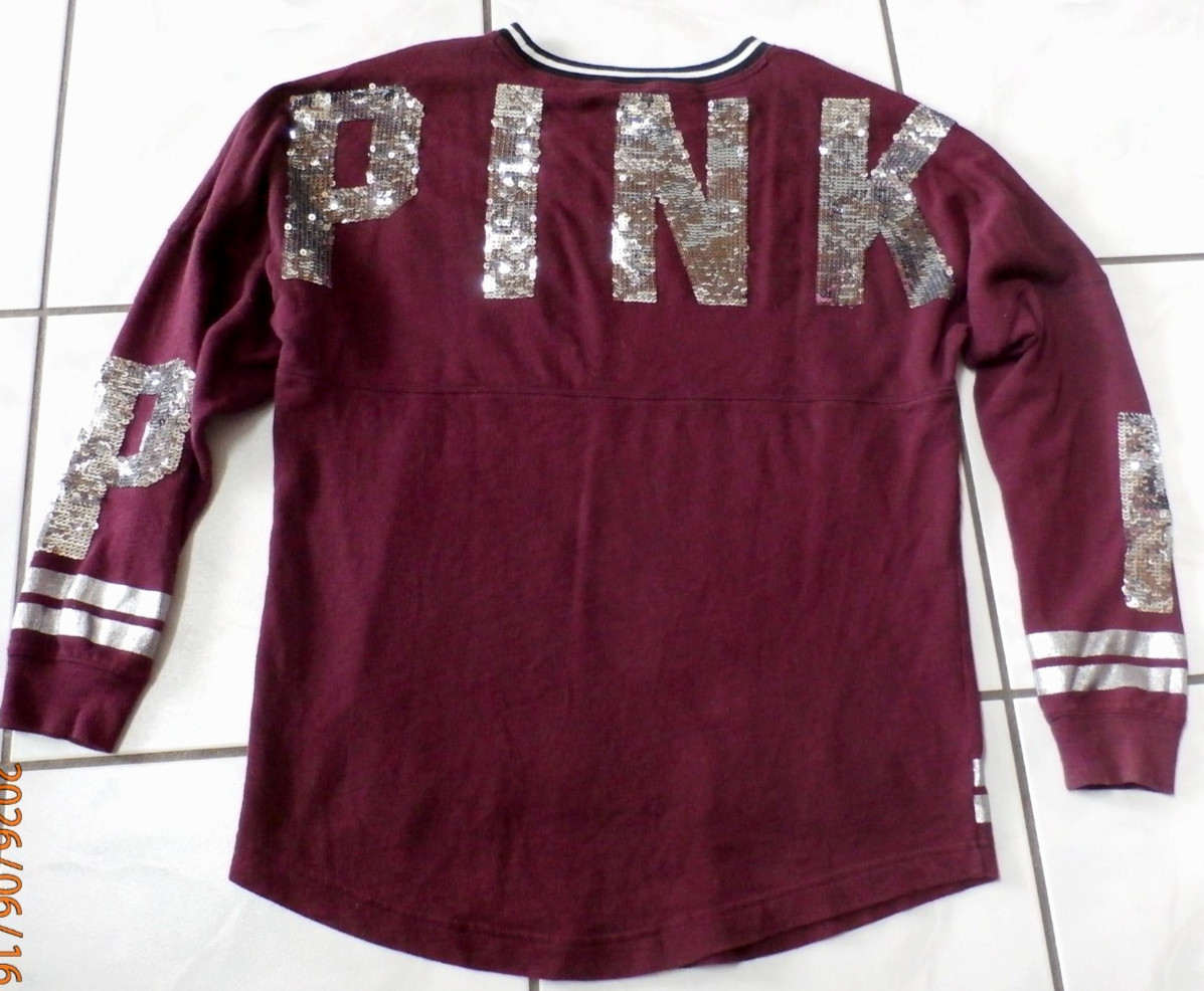 Victoria’s Secret Pink Bling Sequin Varsity Crew Sweatshirt Top Small logo i323