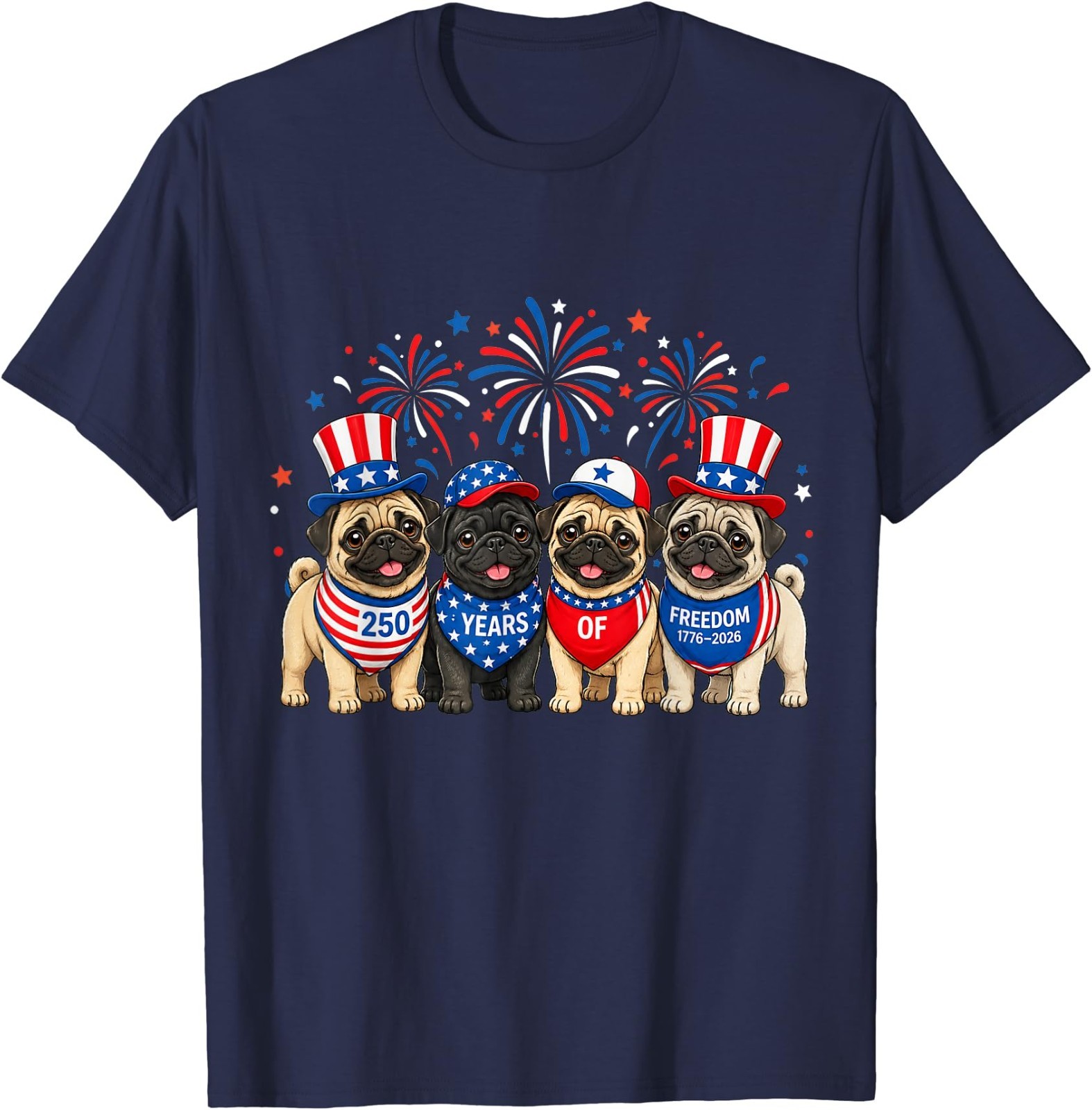 Pug Dog 250 Years American 1776 2026 4th July T-Shirt
