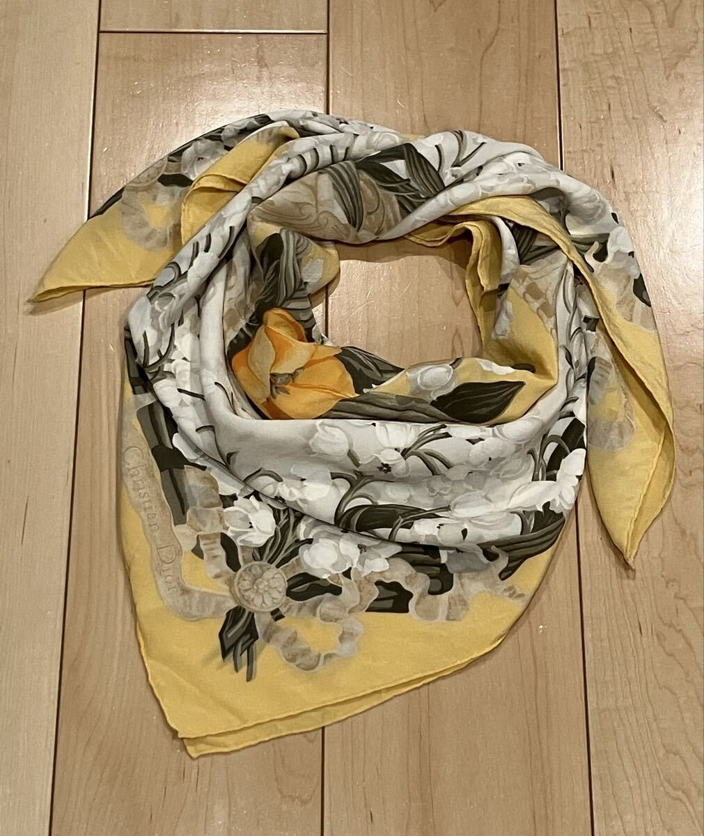 Christian Dior Vintage Lily of the Valley Silk Scarf Yellow 82cm Authentic
