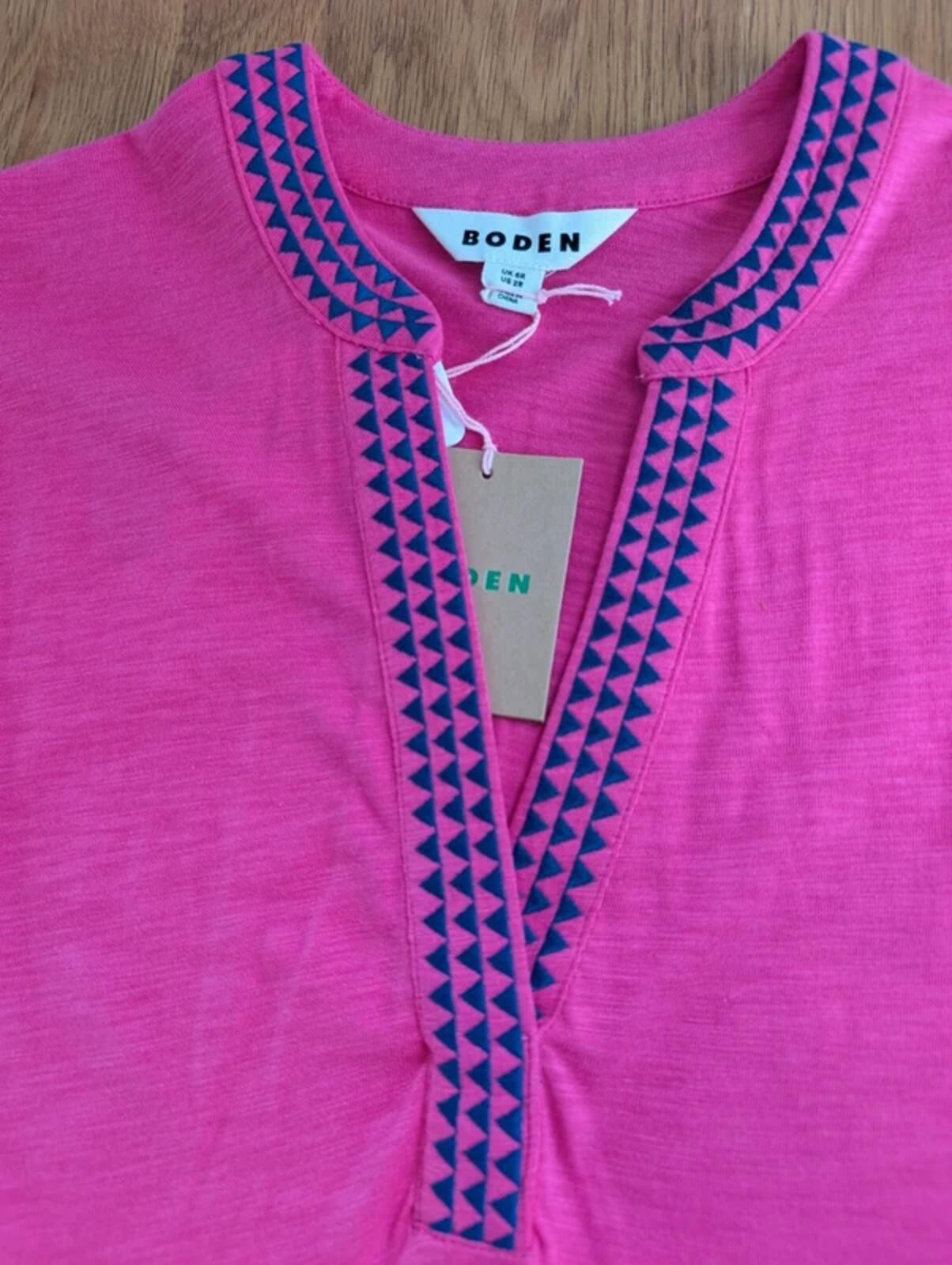 Boden Pink Jersey Dress UK 6 Bright Pink Embroidered Neckline Never Worn