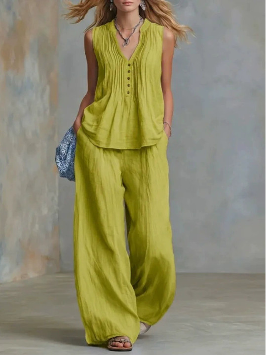 Womens 2 Piece Lounge Set V Neck Sleeveless Top Wide Leg Pants Casual Outfits