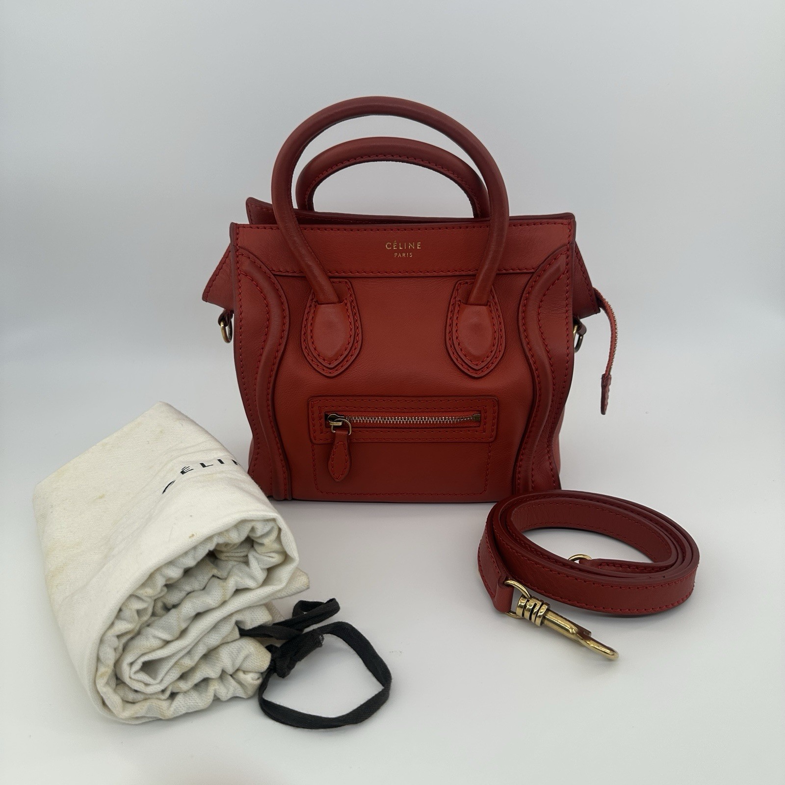 Celine Nano Luggage Top Handle & Crossbody Bag Red calfskin.