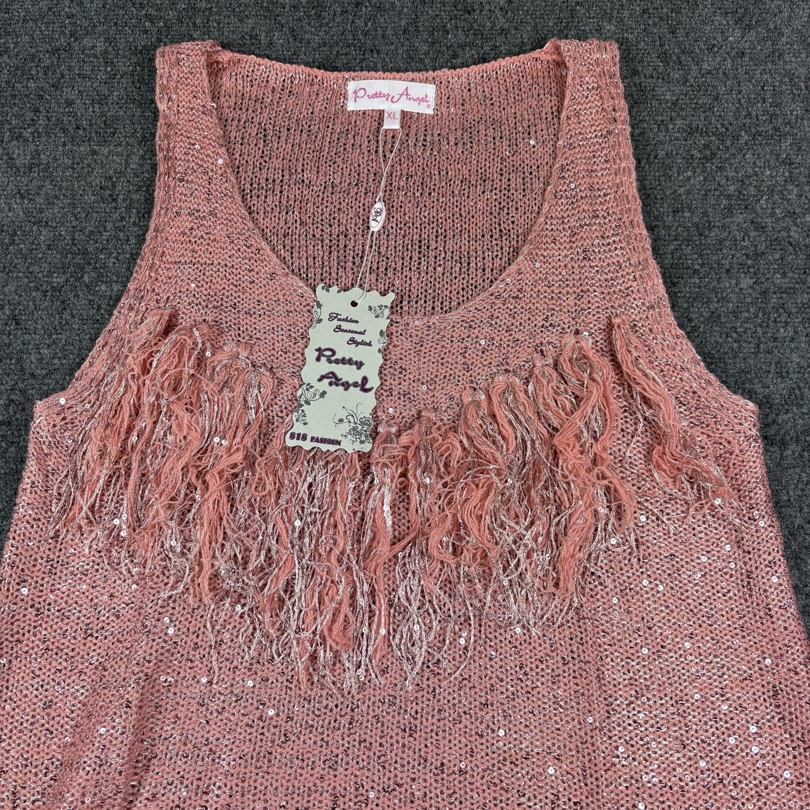 Pretty Angel Womens Crochet Linen Blend Pink Fringed Top Size XL Coastal Cowgirl