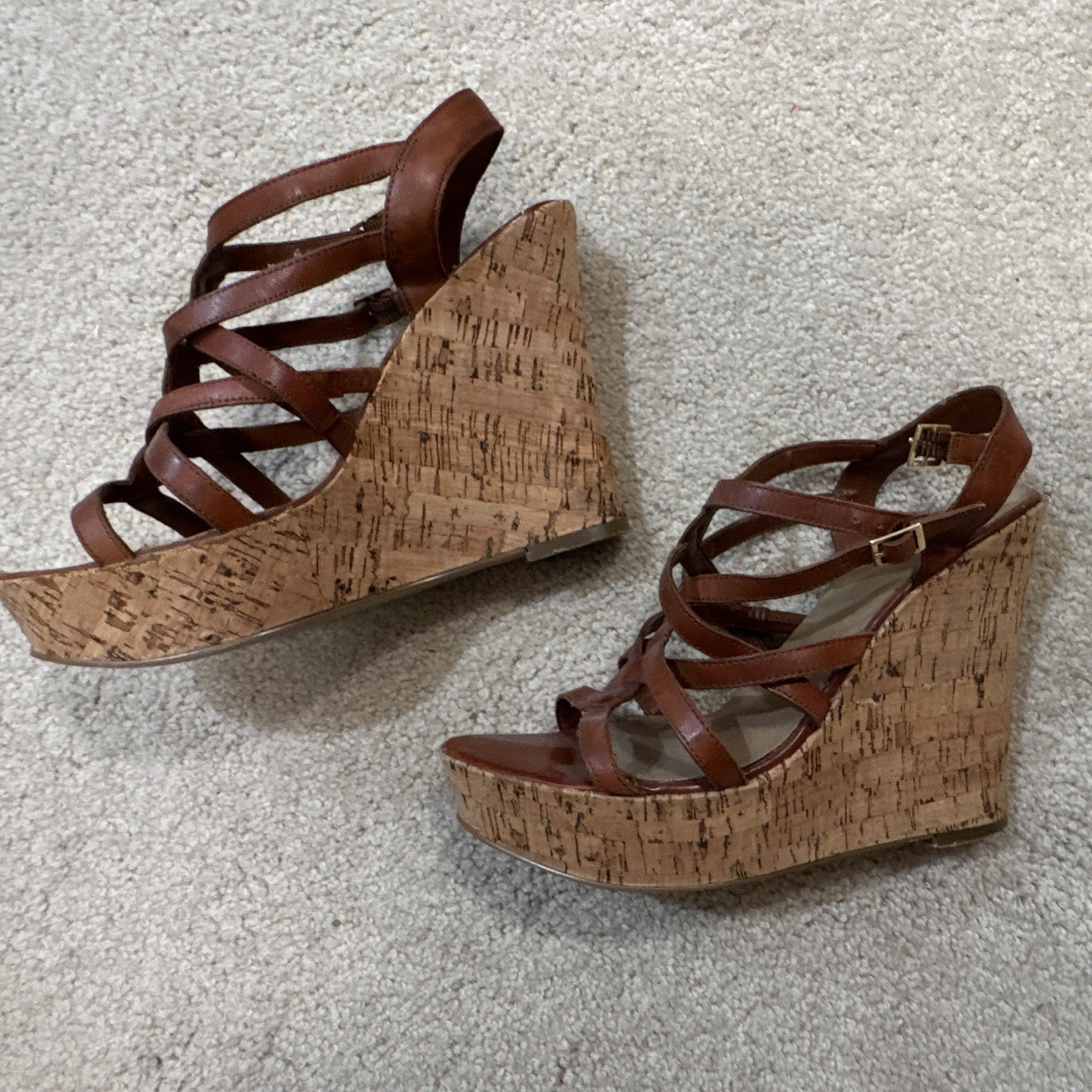 BP. Women’s Strappy Leather Wedge Heel Sandals Open Toe Buckle Brown Tan 8.5