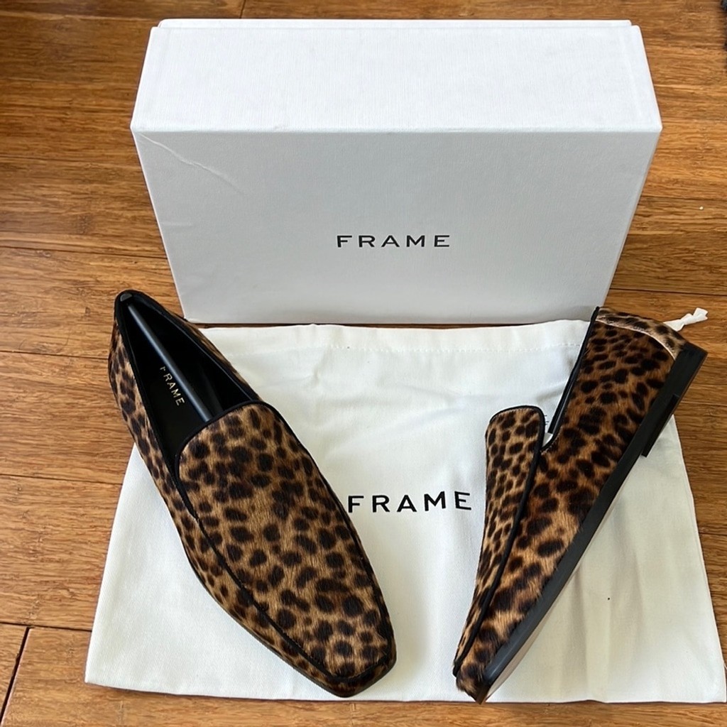 NEW FRAME Designer Le Verona Leather Leopard Print Loafers 38 w/ Dust Bag