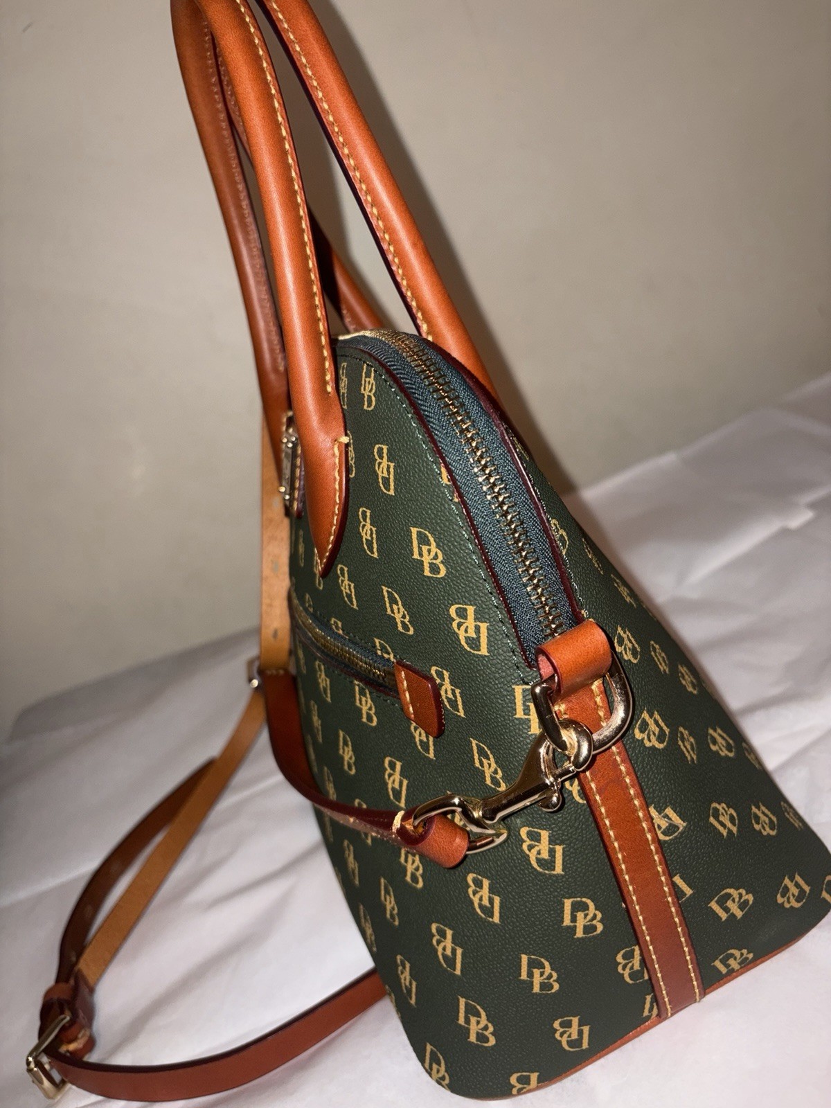 Dooney & Bourke Green Monogram Satchel Top Handle Zip Detachable Strap Medium