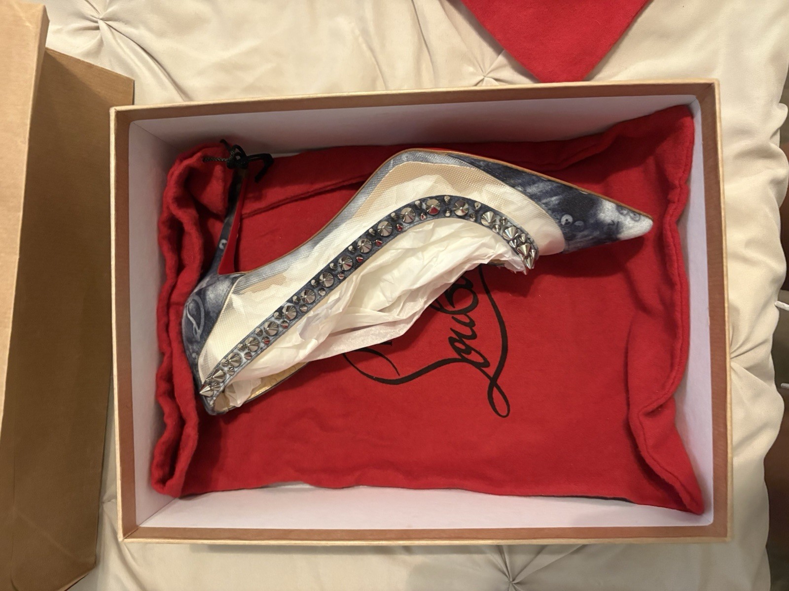 Christian Louboutin Studded Spike Denim Mesh Pointed Toe Pumps US 7 EU 38.5