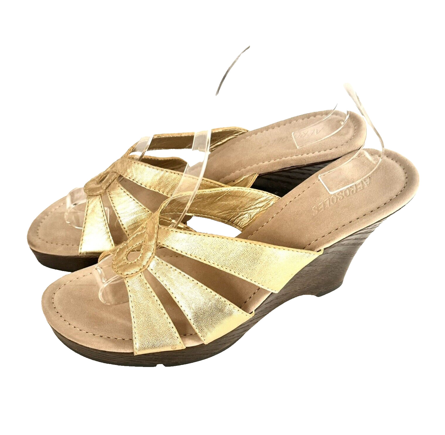 Gold Leather Aerosoles 9M Platform Wedge Comfort Sandals Slides NWOT