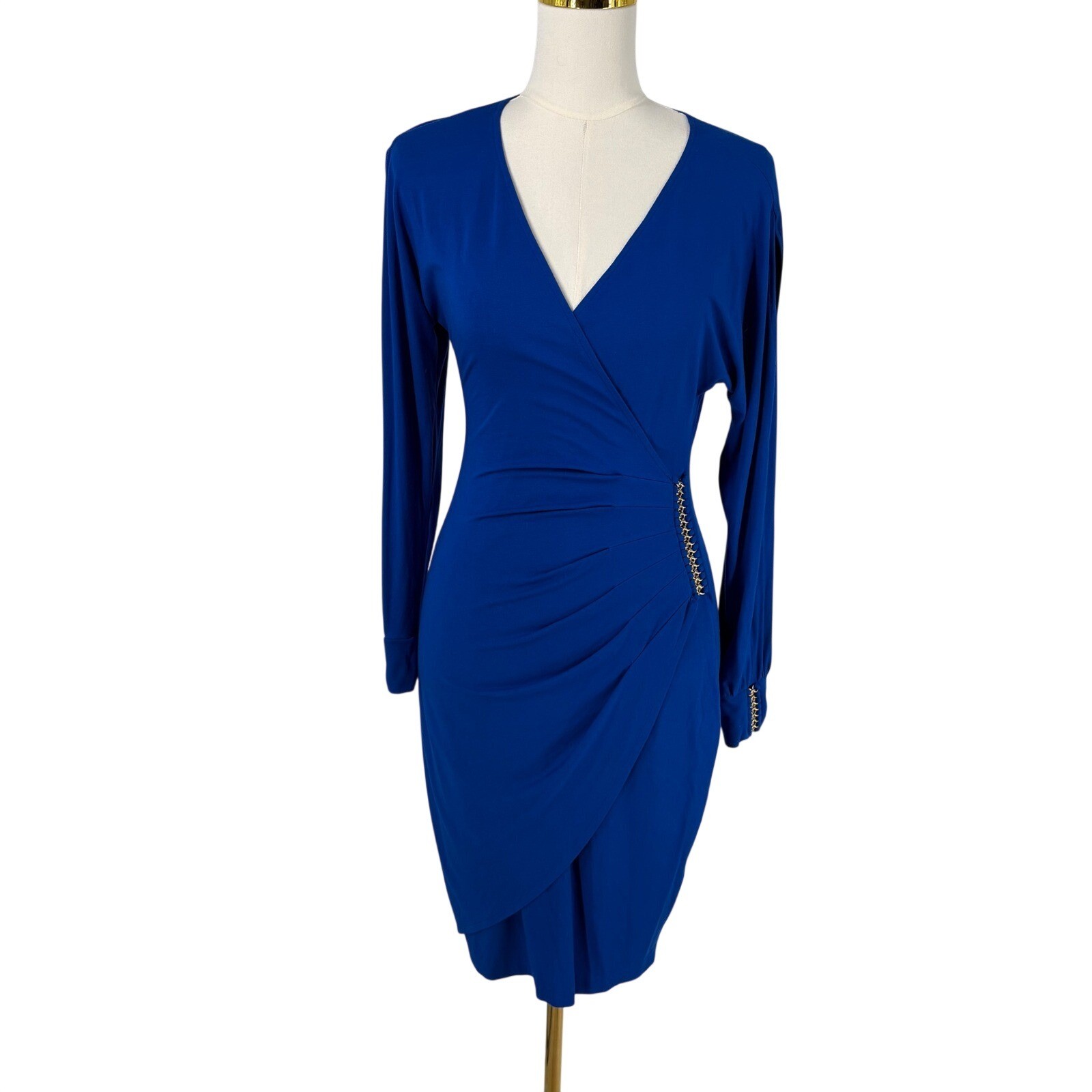 Cache Womens Royal Blue Faux Wrap Ruched Dress Gold Chain Detail Long Sleeve L