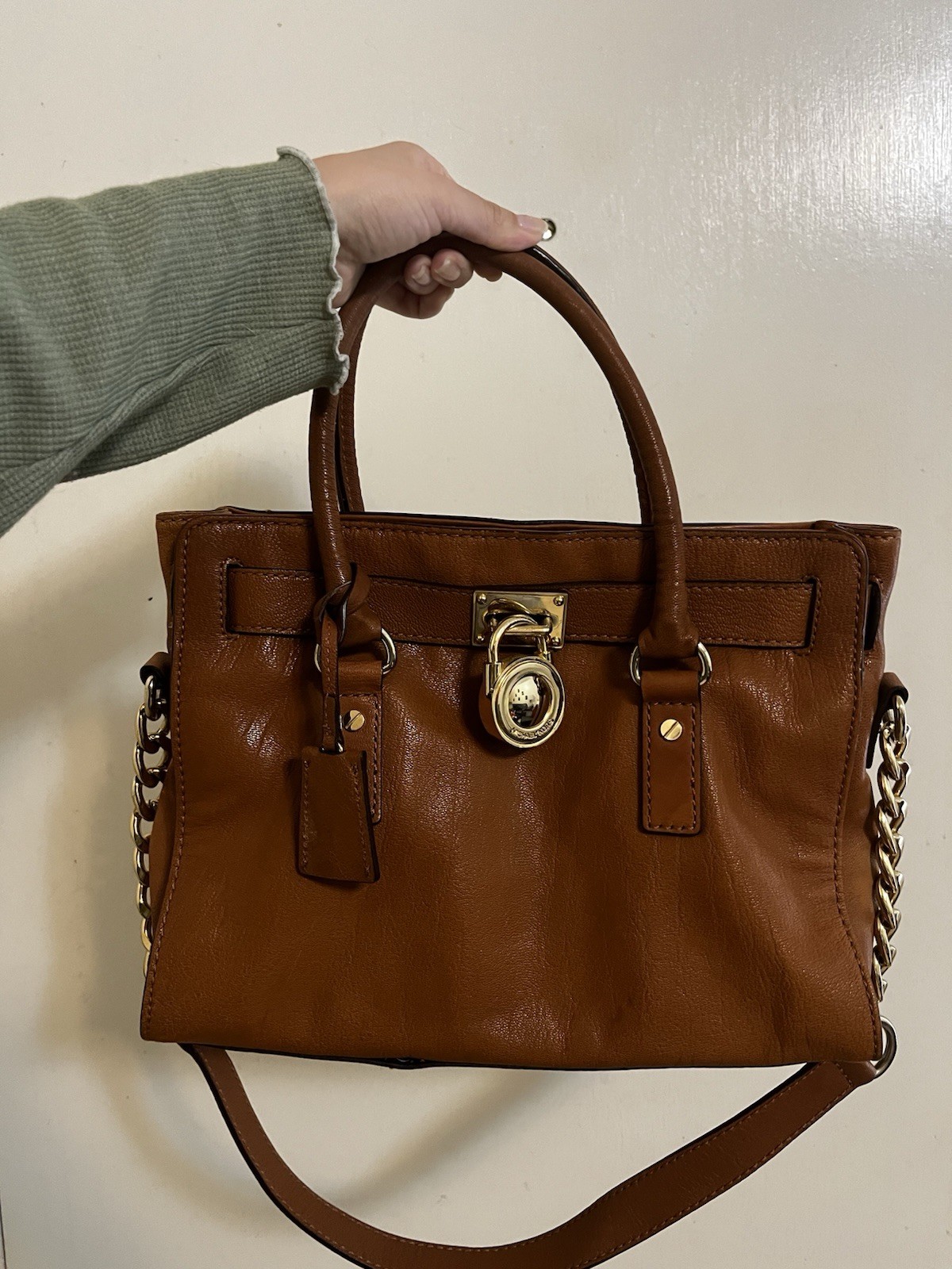 Michael Kors Brown Pebbled Satchel Top Handle Chain Padlock Snap Gold Hardware