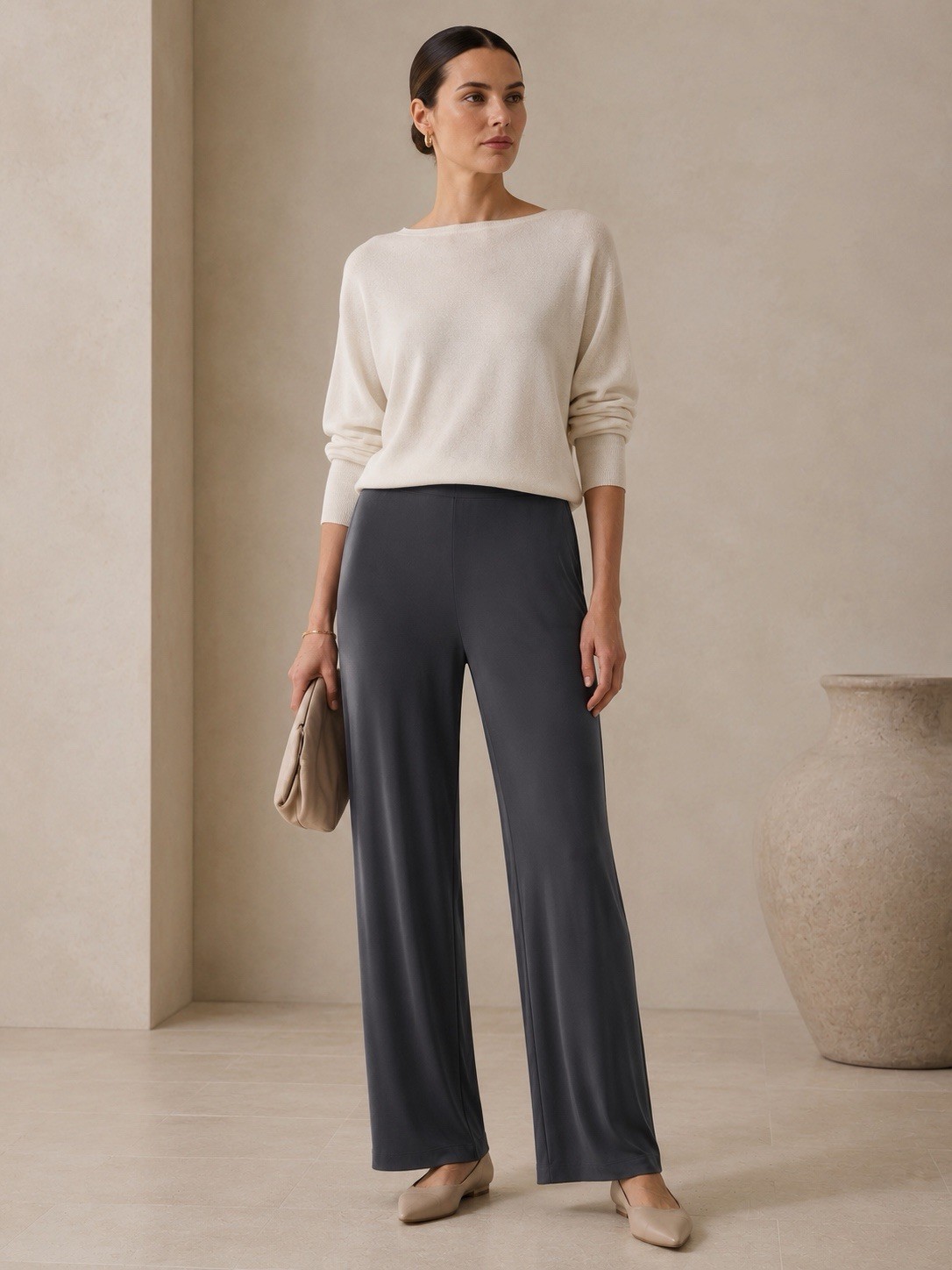 NEW Chicos Gray Liquid Slinky Knit Pull On Straight Leg Pants Stretch L Short