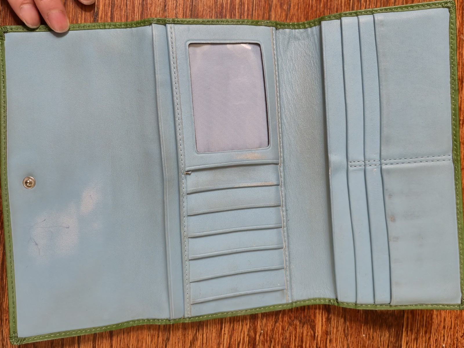 Coach Women’s Solid Green Blue Wallet Snap Closure Zip Pocket ID Window