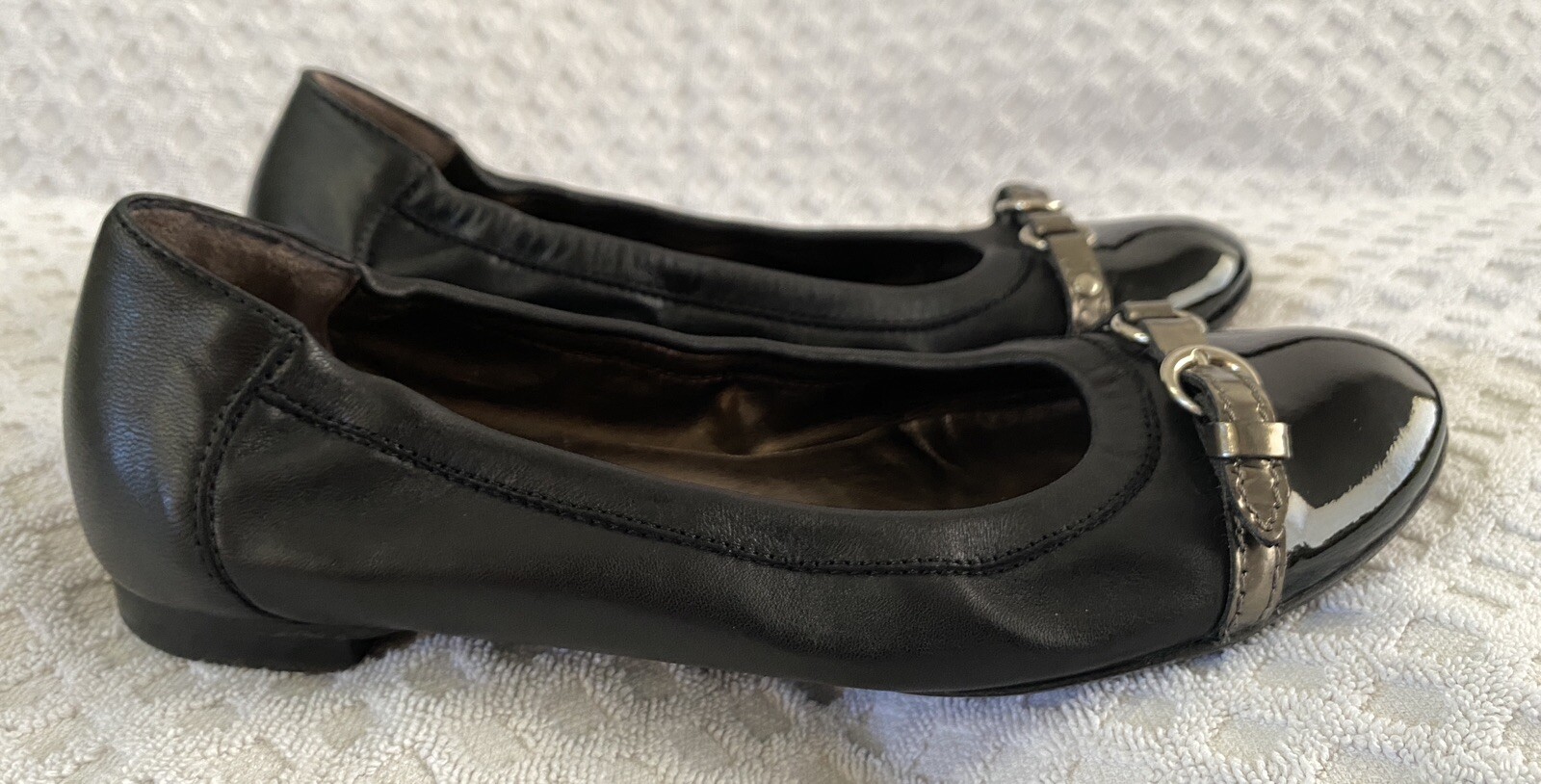 AGL Monika Cap Toe Ballet Flats Black Patent Leather Bronze Size 38.5 US 8.5