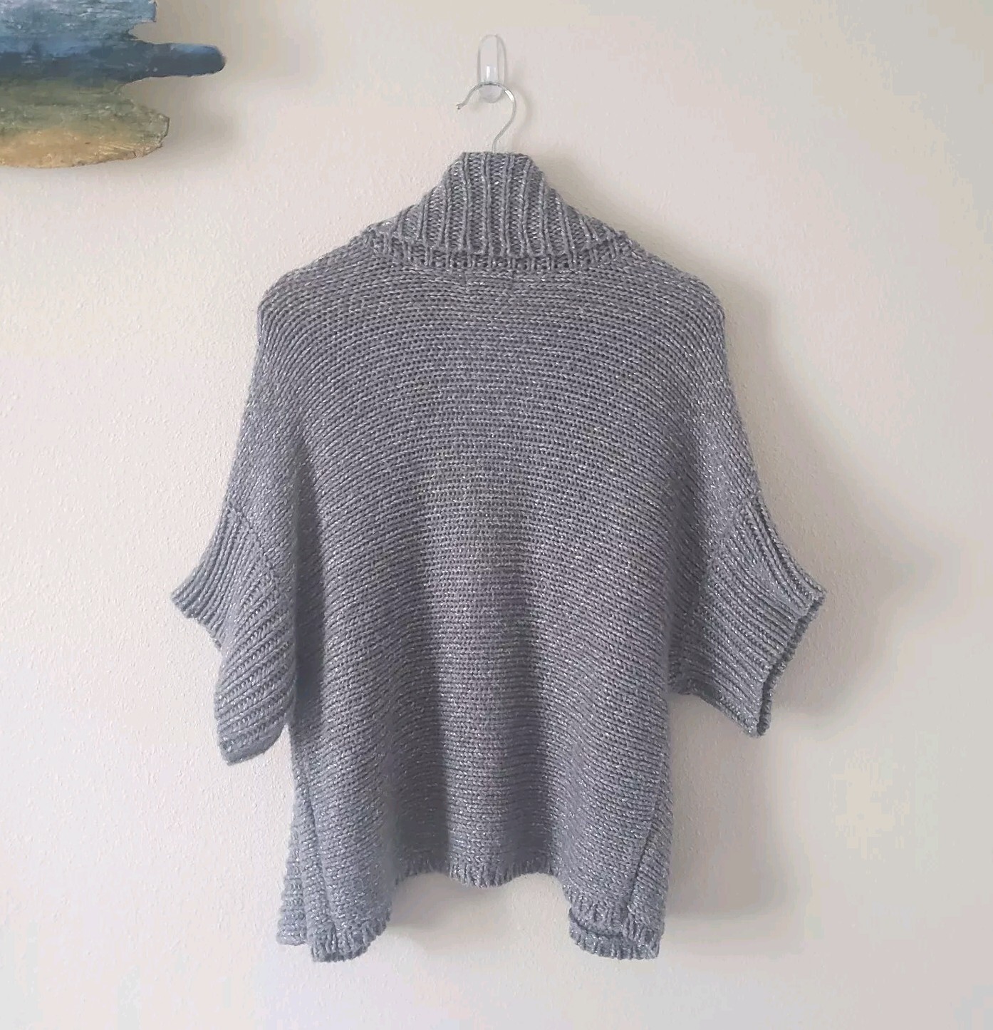 A.N.A Silver Gray Open Front Cardigan Sweater Medium Chunky Knit Metallic Accent