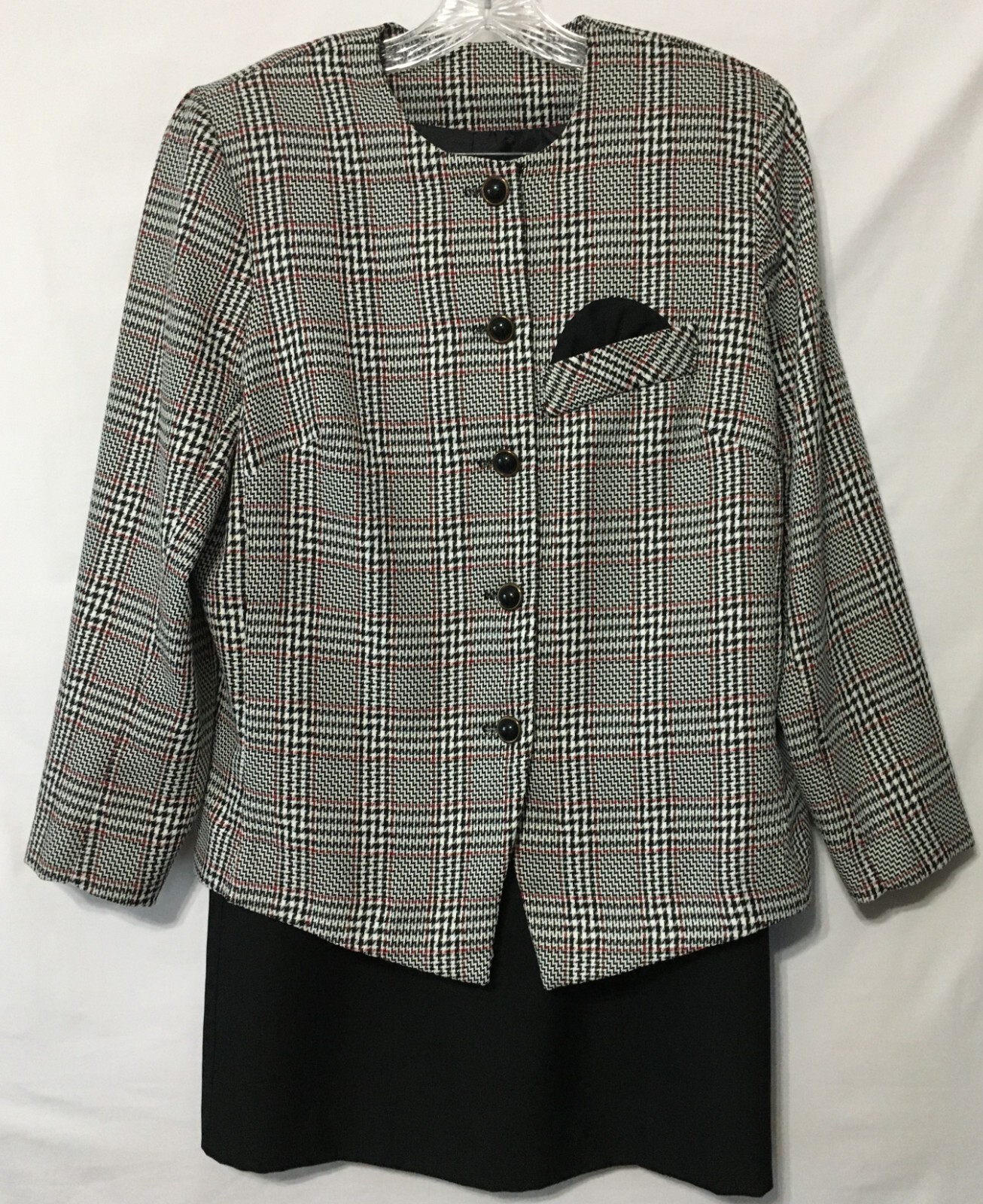 Vtg Women’s Stephanie Thomas Jacket & Skirt Suit Size 12 Black/White/Red Plaid