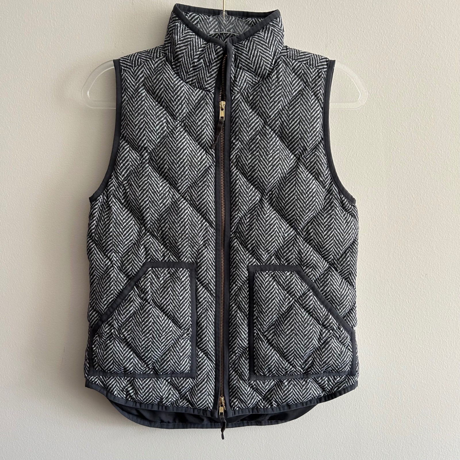 J.Crew Factory Down Puffer Vest Gray Herringbone XS Quilted Down Fill