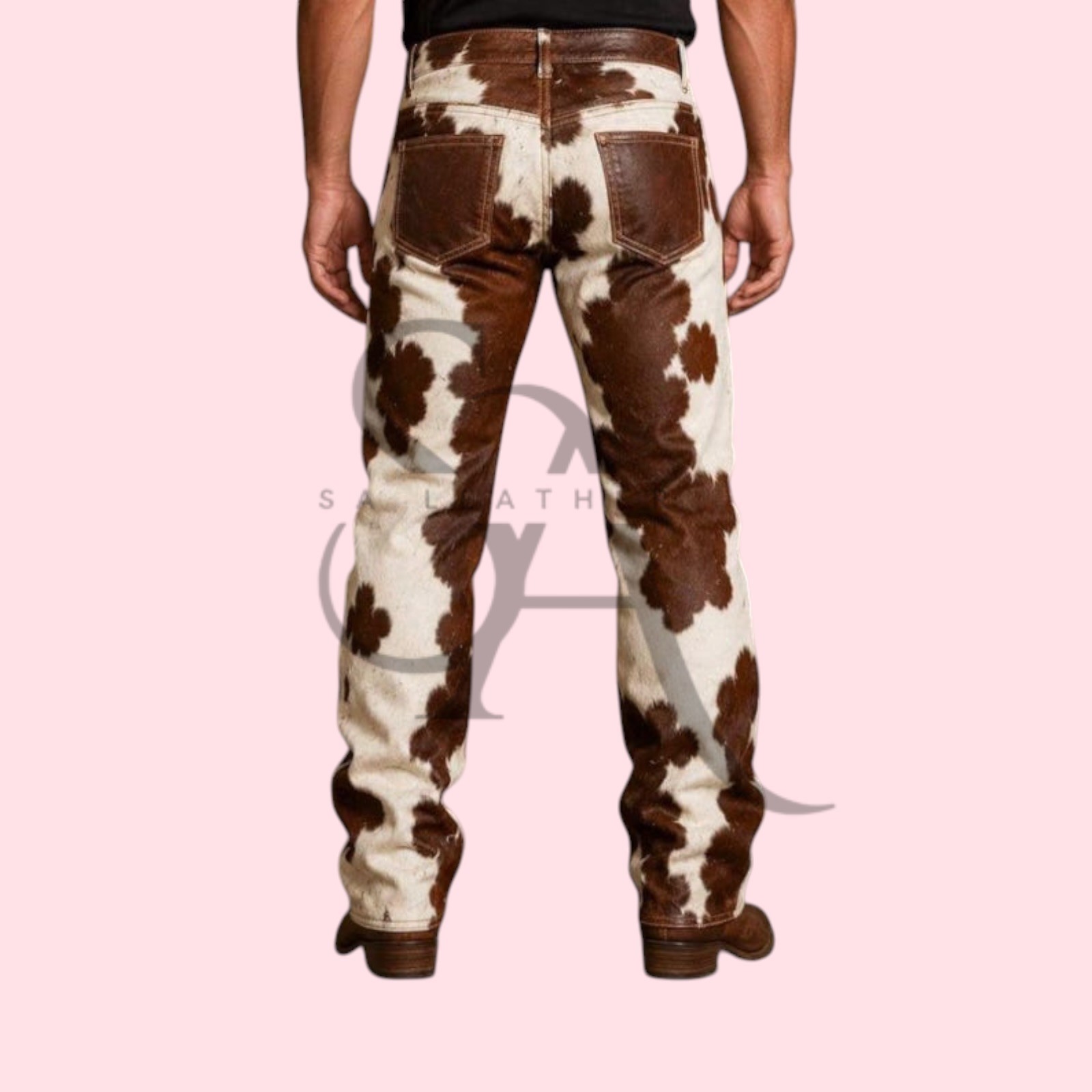 Men’s Genuine Brown & White Cowhide Leather Pants Real Hair-On Hide Trousers