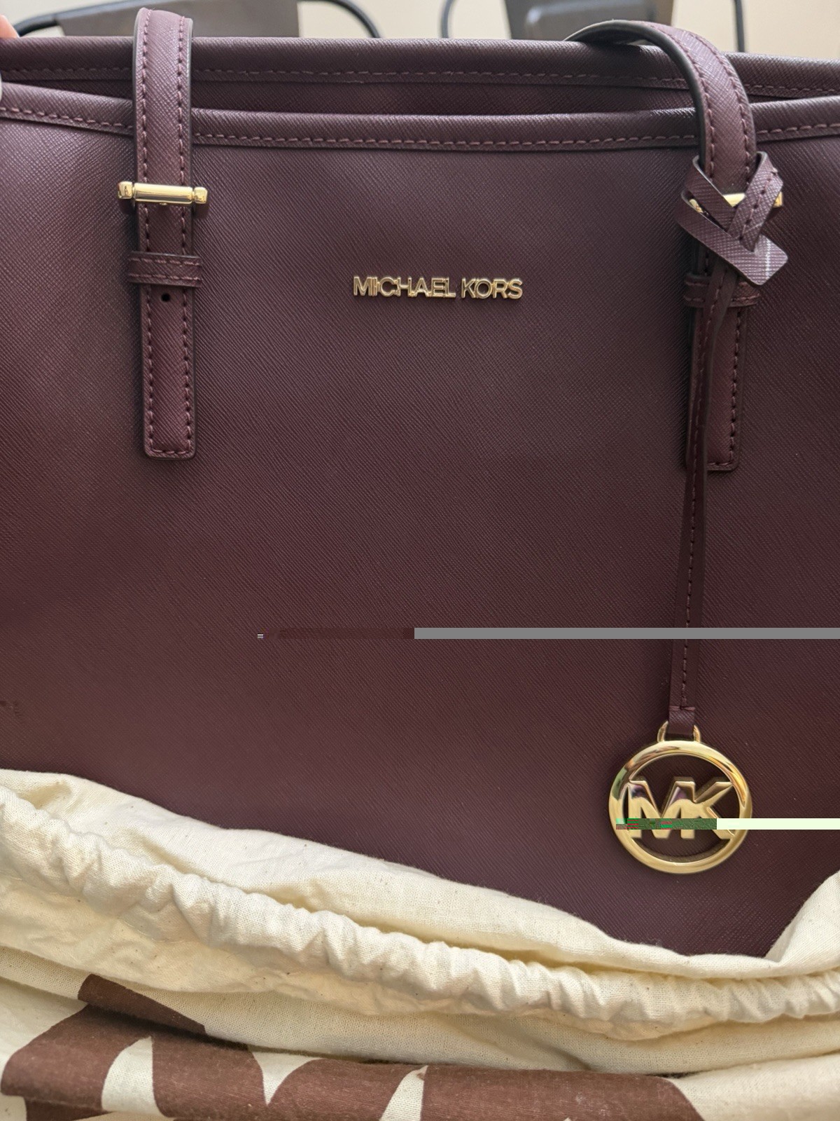 Michael Kors Large Burgundy Tote Saffiano Finish Gold Hardware MK Charm