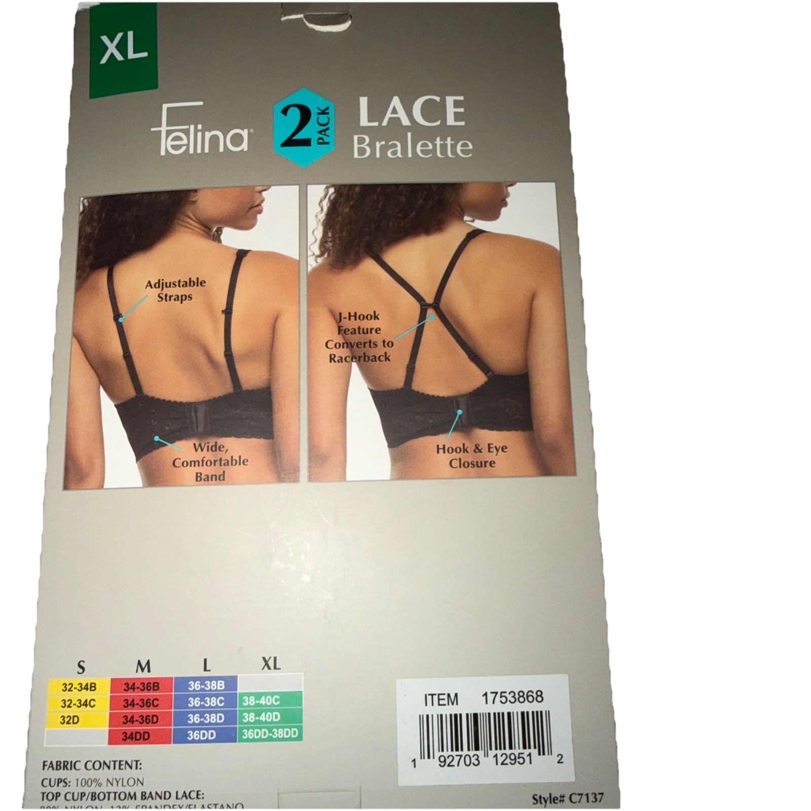 Felina Lace Bralette 2 Pack Wireless Bra White & Black Size XL