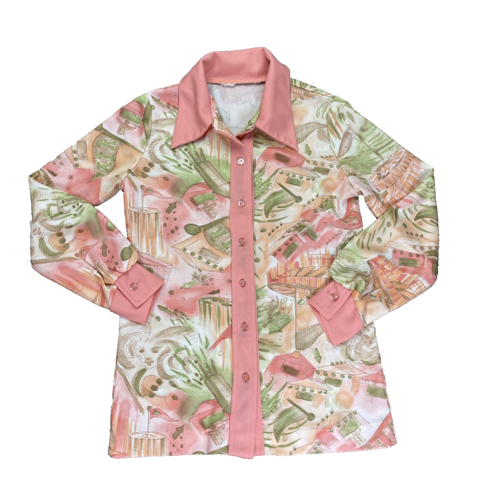 Vtg Novelty Print Polyester Blouse Retro Mod Women’s S Pink Green