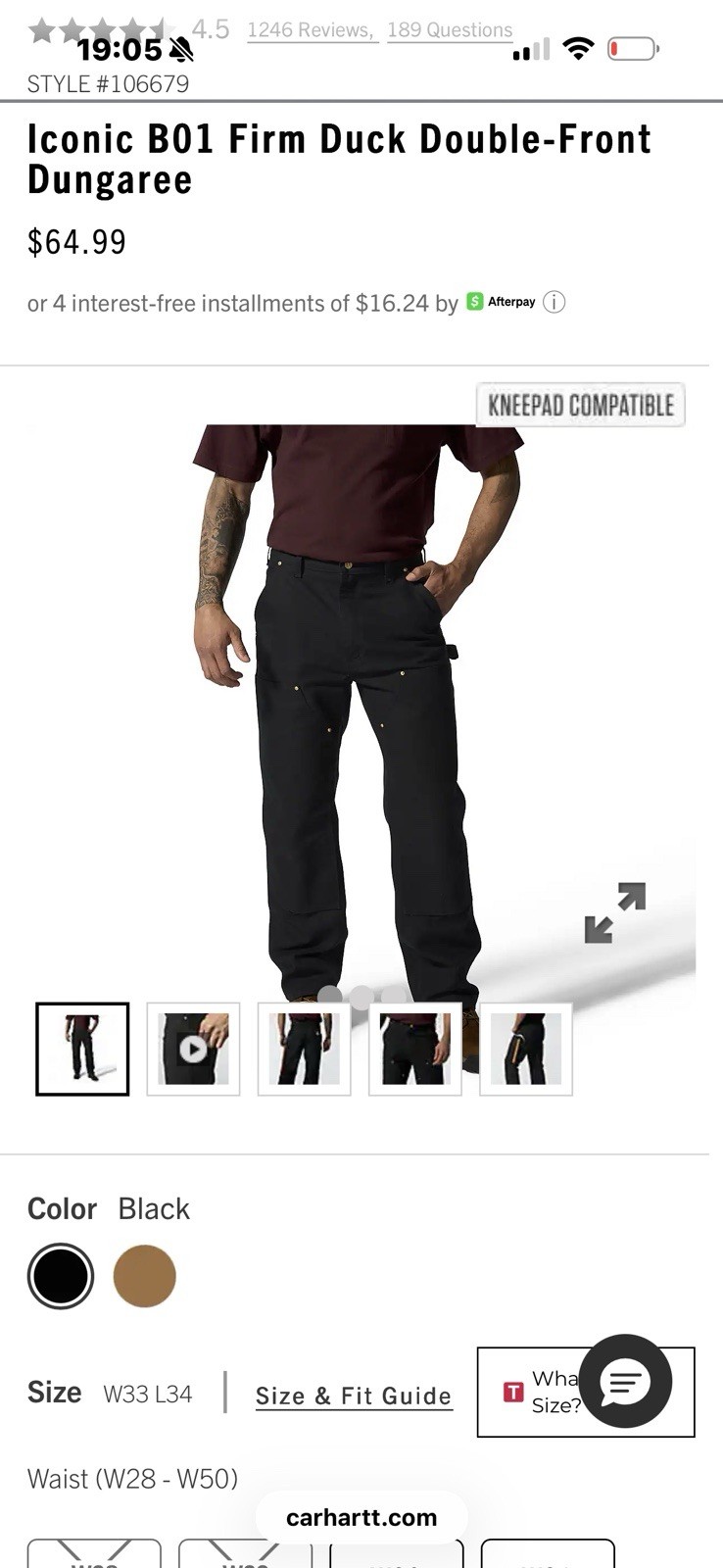 Carhartt B01 Firm Duck Double-Front Dungaree Work Pants Black W30 L30