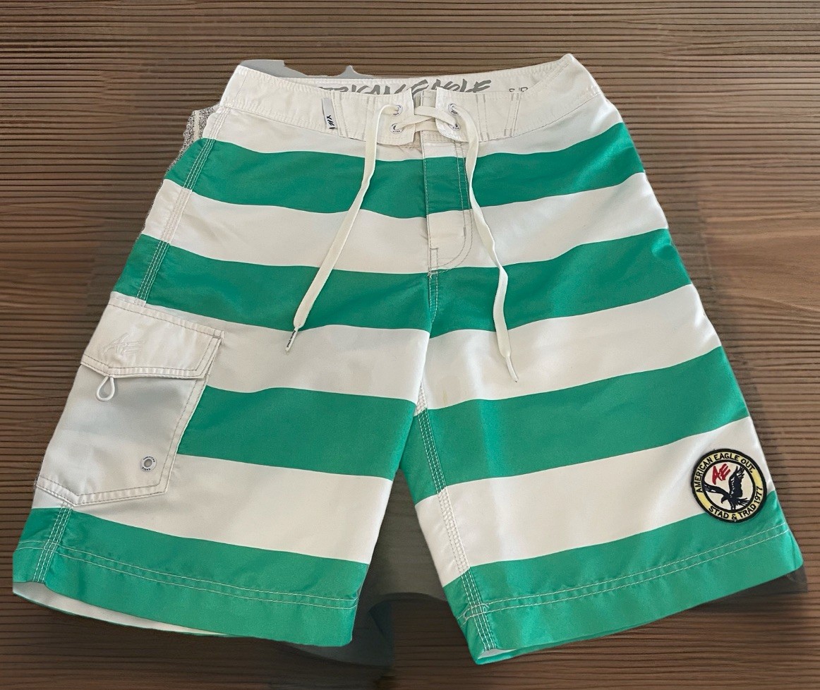 Green And White Striped American Eagle Cargo Swim Trunks Size Small