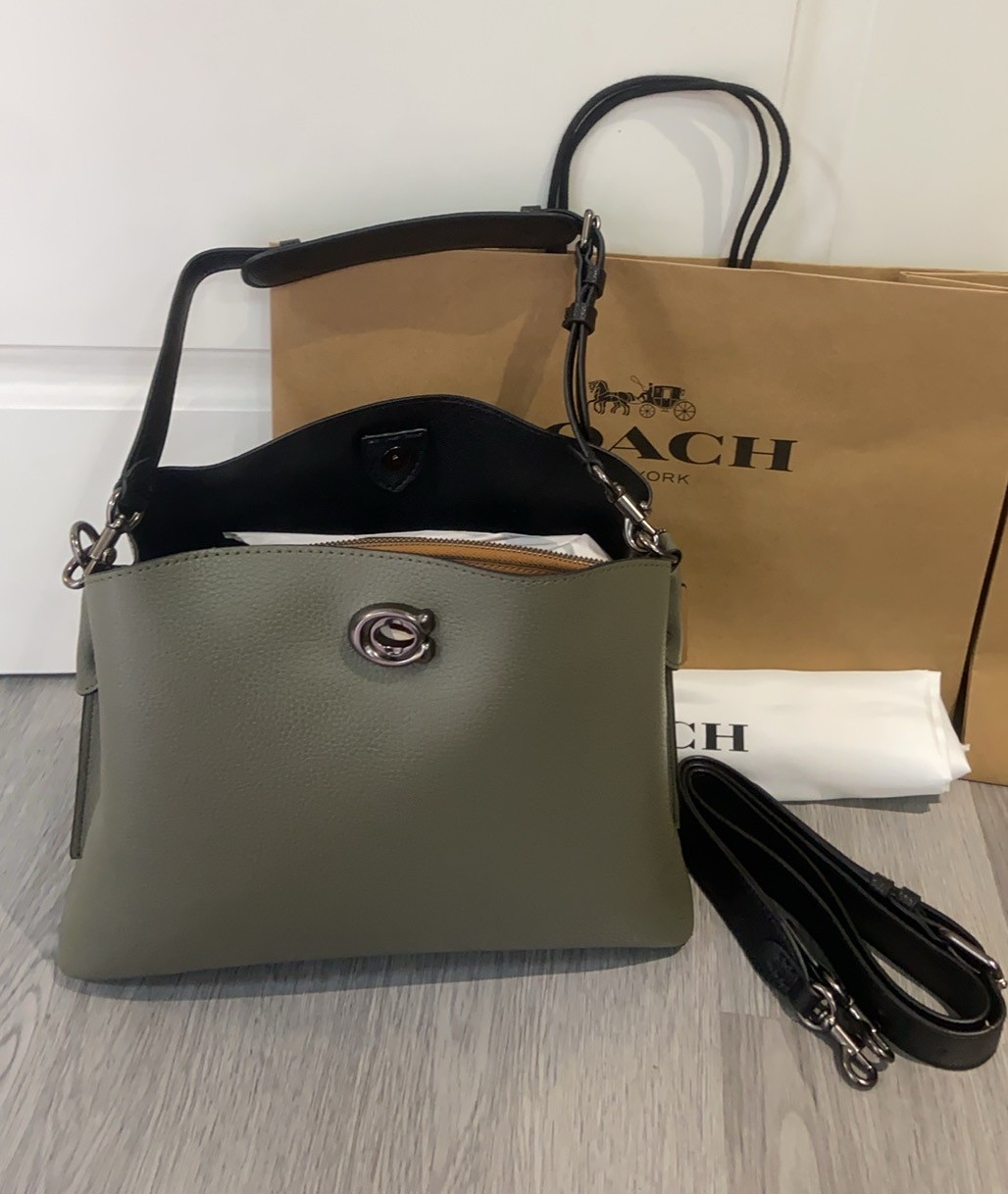 COACH Willow Shoulder Bag C2590 Army Green Colorblock Pebble Leather Outlet