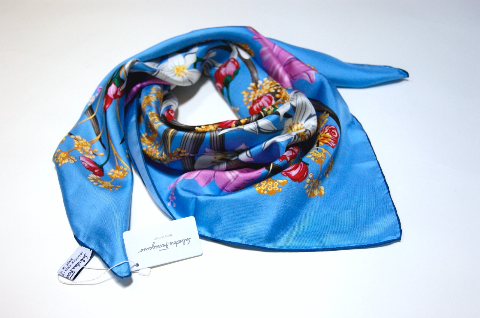 New Salvatore Ferragamo Scarf Bandana Floral Garden Blue Pink Silk Head Wrap