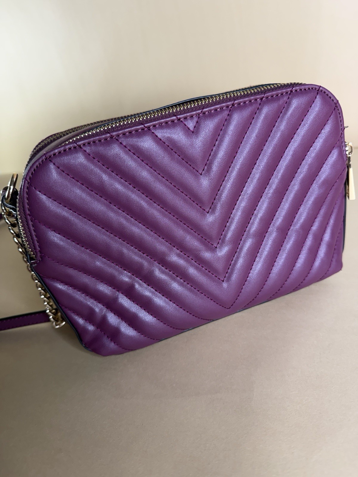 ALDO Purple Quilted Crossbody Bag Double Zip Tassel Gold Tone Hardware