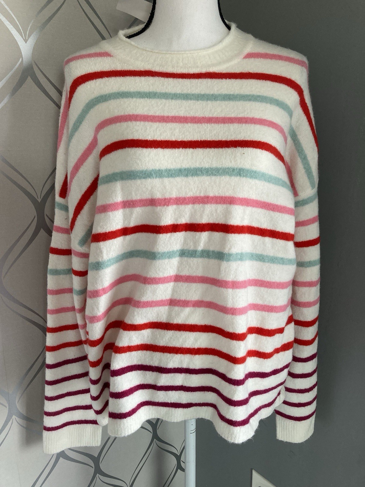 J Crew Extra Soft Striped Knit Cozy Sweater Size Large L Ivory Pink Blue NEW NWT
