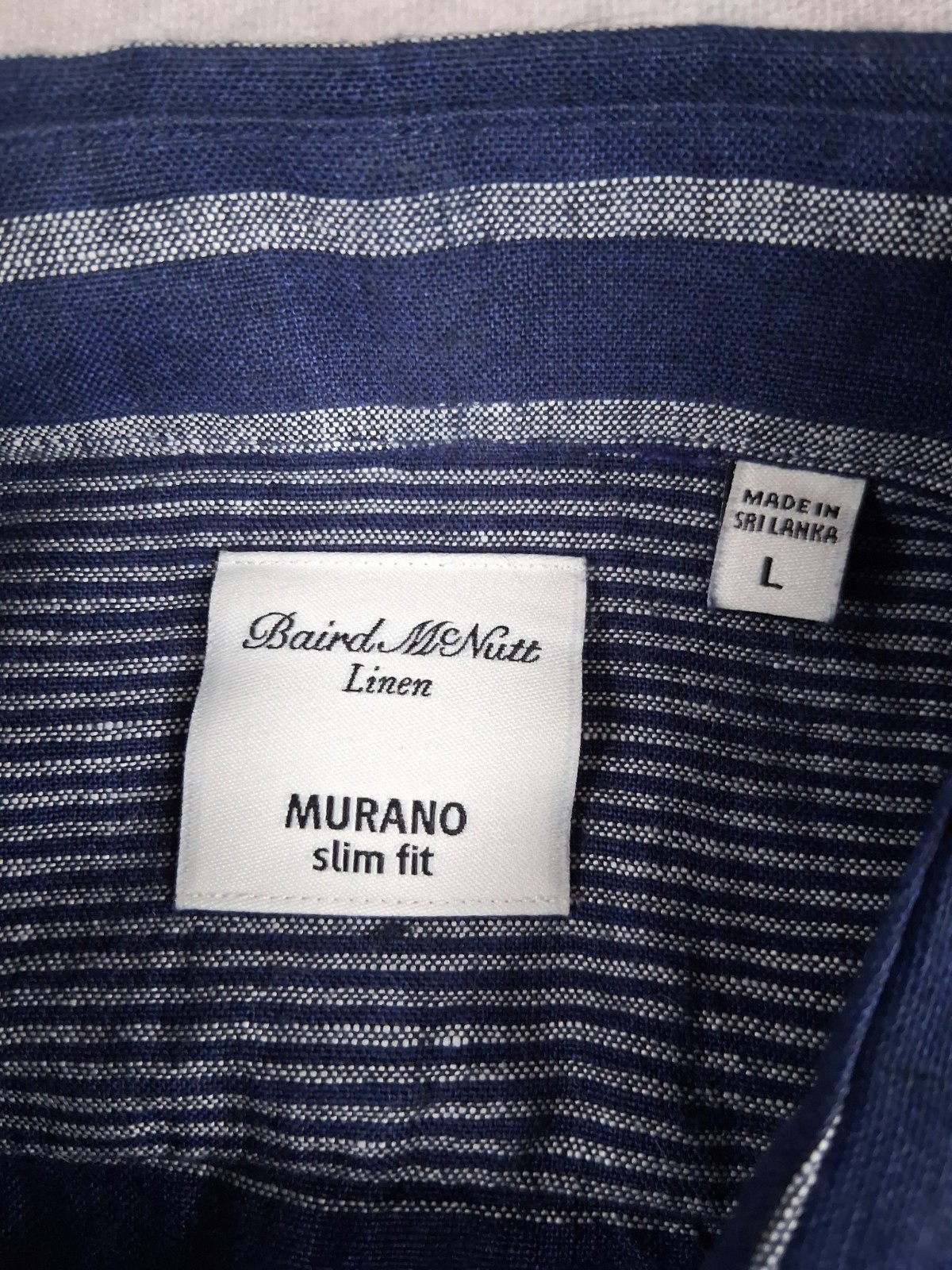 Murano Baird McNutt Linen Shirt Mens Large Slim Fit Navy Blue Striped Pocket NEW
