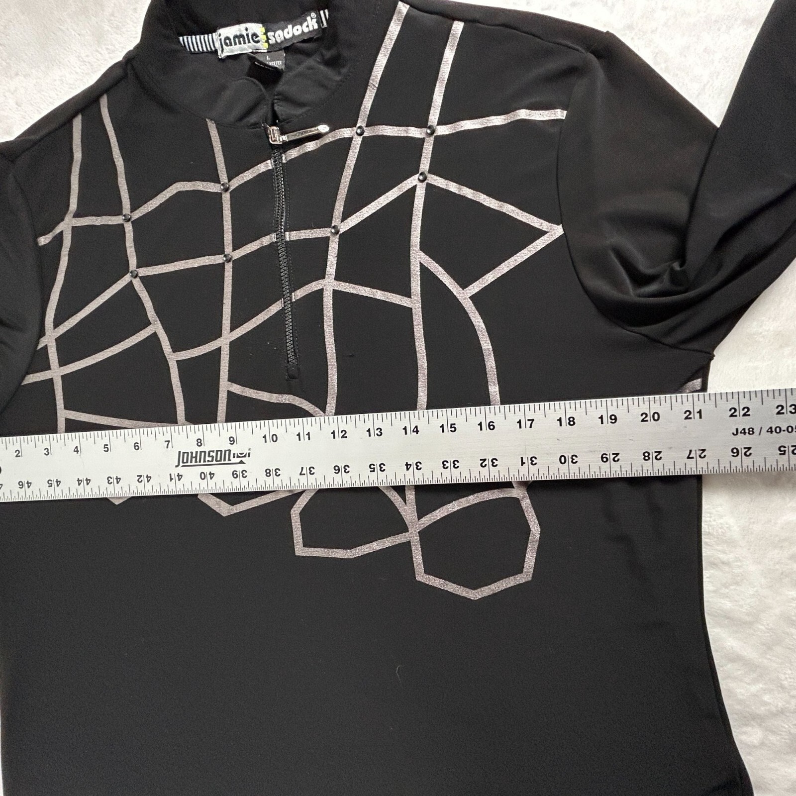 Jamie Sadock Womens Black 3/4 Sleeve 1/4-Zip Active Top Large Abstract Gray Grid