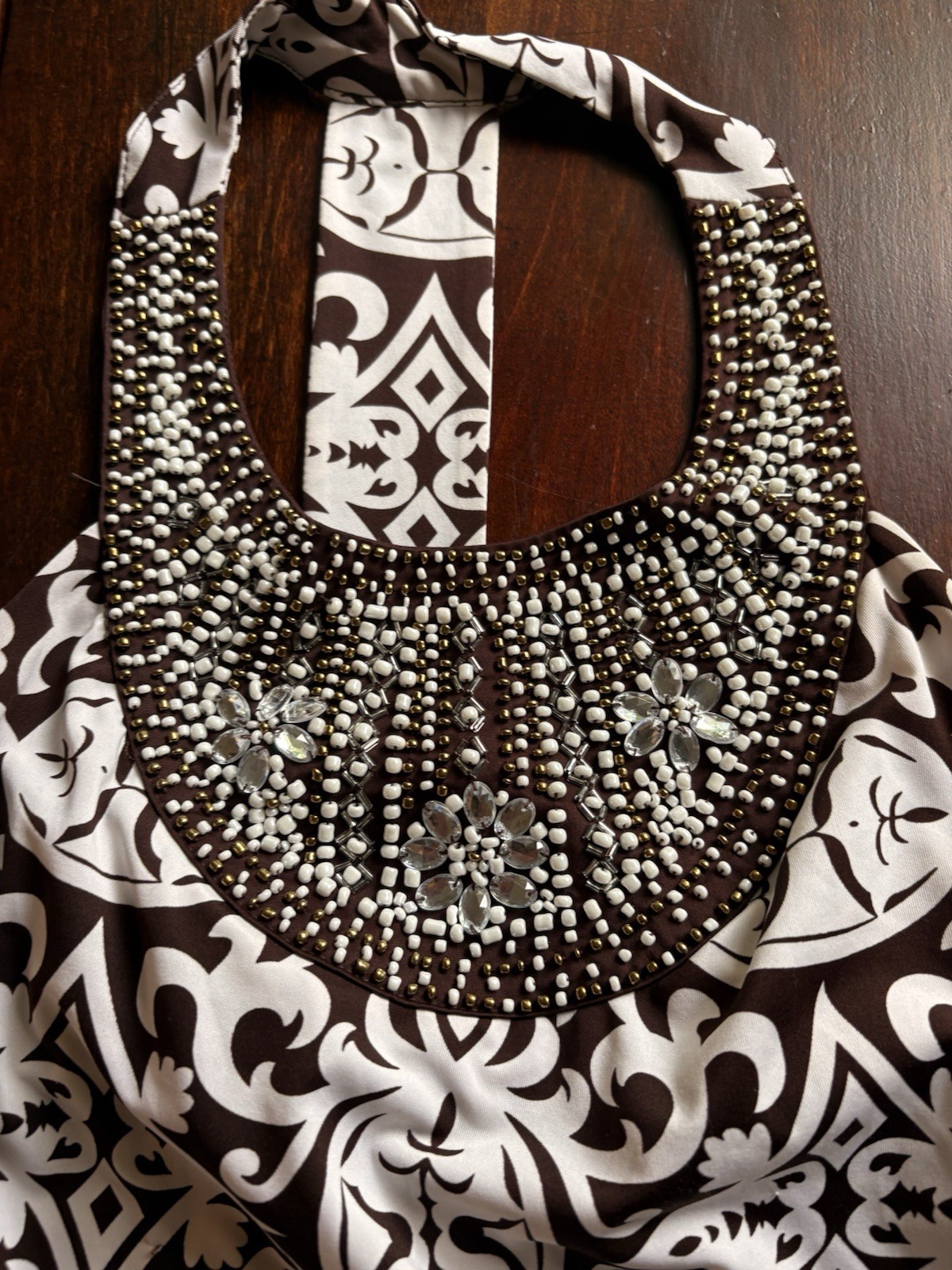 INC Brown And White Beaded Collar Lightweight Damask Sheath Dress
