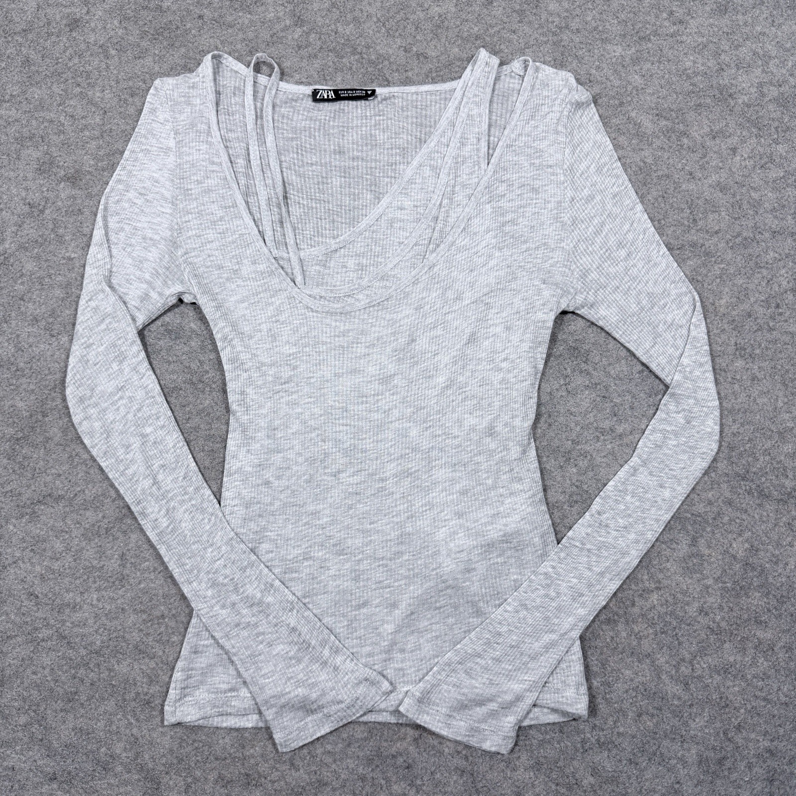 Zara Ribbed Lightweight Long Sleeve Fitted Top Fits Women’s US Size Small Gray
