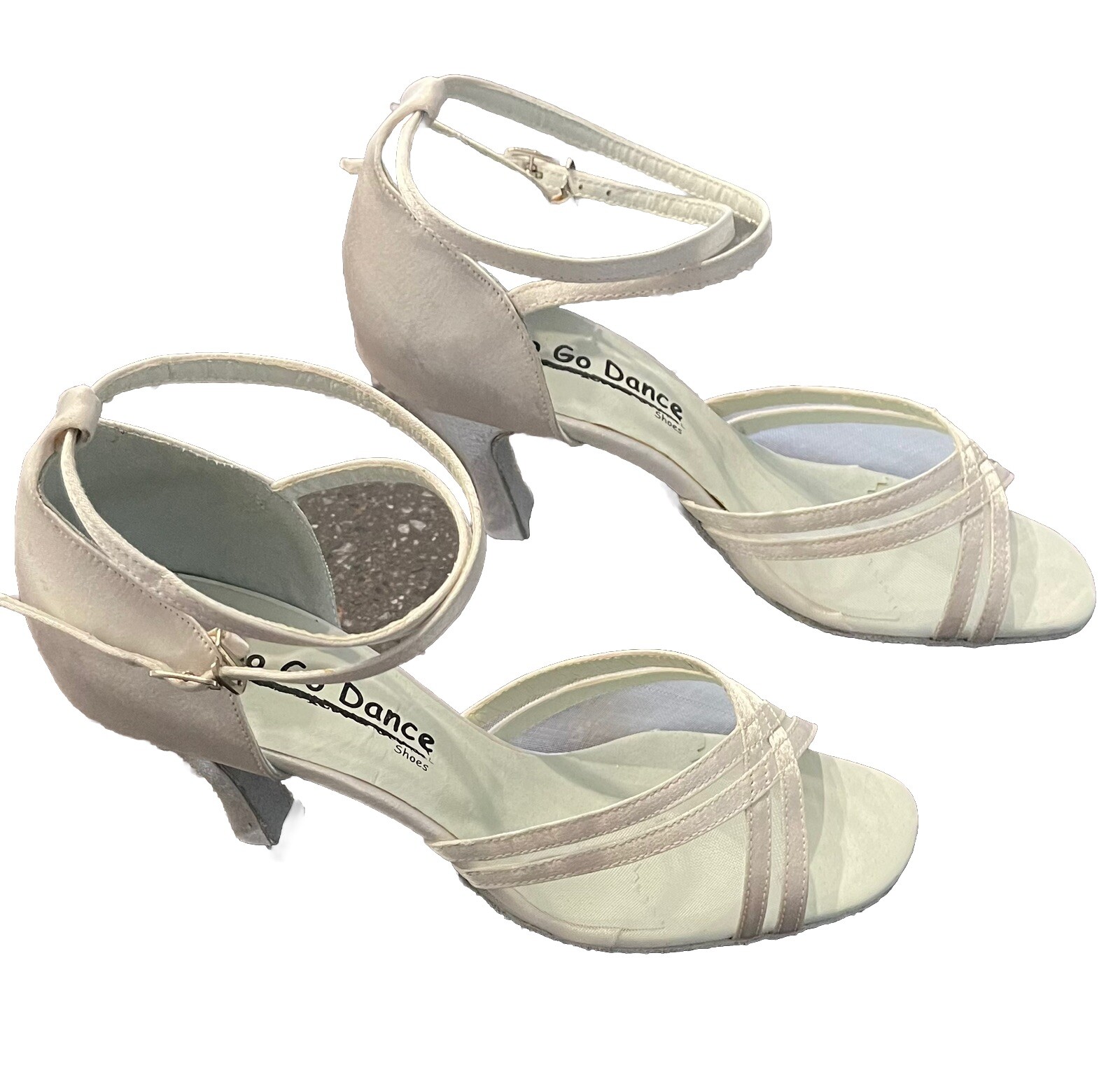Ballroom/Latin Go Go Dance Shoes Pro Soft Open Toe Strappy Satin Ivory Mesh S9.5