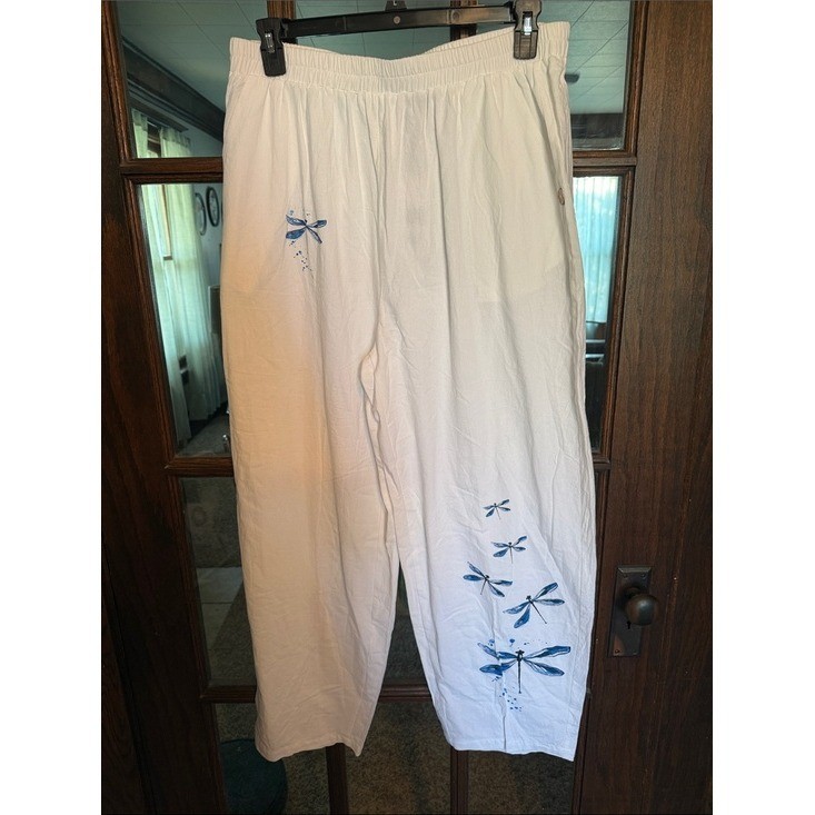 Noracora White Dragonfly Graphic Elastic Waist Relaxed Pants 3XL NEW Cottagecore
